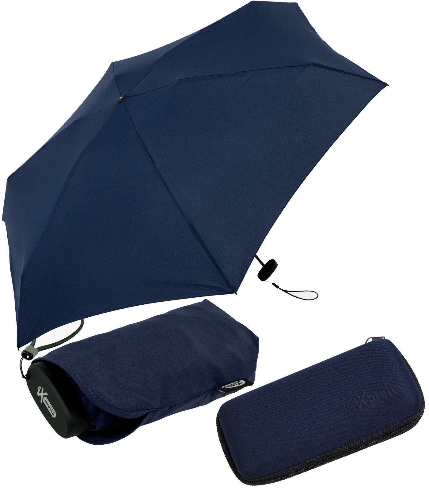 iX-brella Taschenregenschirm Ultra winziger - ultra-klein, dunkelblau Mini insignia mit im blue cm Schirm 15 Format, Softcase-Etui Handy