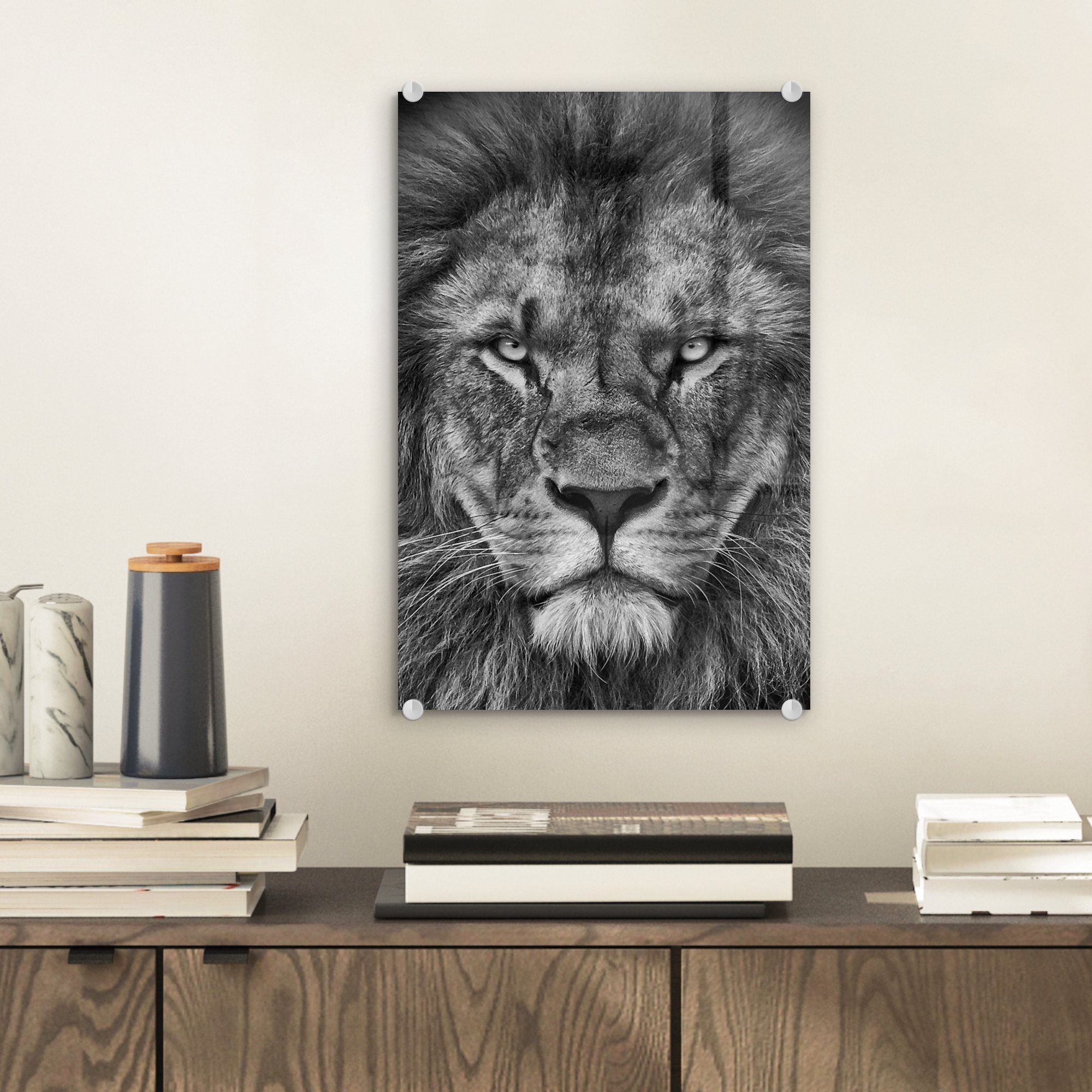 MuchoWow Acrylglasbild Tiere - Löwe - Schwarz - Weiß - Porträt, Inkl. Aufhä günstig online kaufen