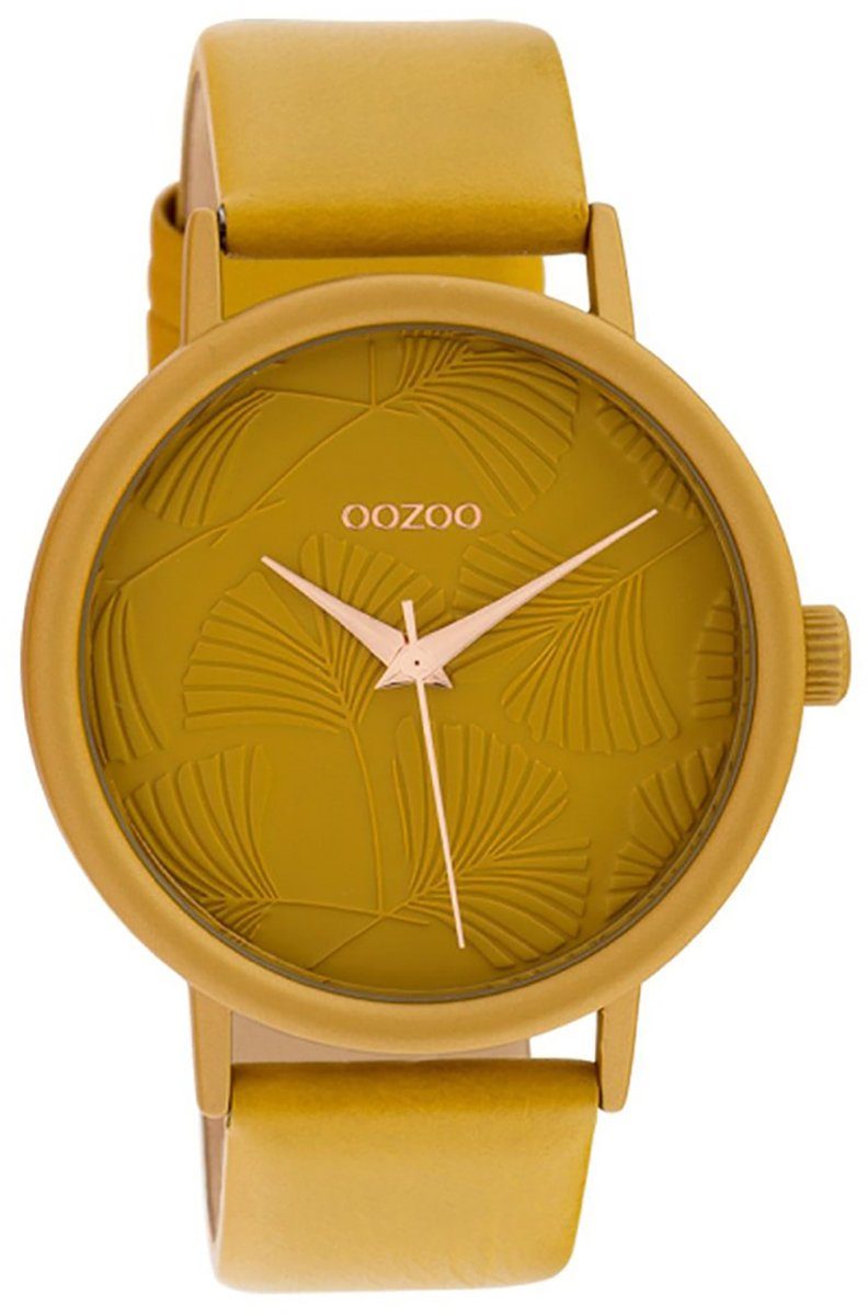 senfgelb, 42mm), Armbanduhr senfgelb, groß OOZOO Fashion Oozoo rund, Lederarmband (ca. Damen Damenuhr Quarzuhr