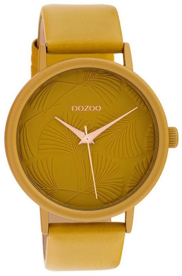 OOZOO Quarzuhr Oozoo Damen Armbanduhr senfgelb, Damenuhr rund, groß (ca.  42mm), Lederarmband senfgelb, Fashion