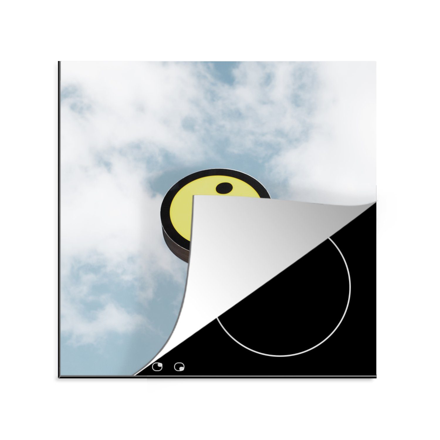 MuchoWow Herdblende-/Abdeckplatte Gelbe Informationstafel zwischen den Wolken, Vinyl, (1 tlg), 78x78 cm, Ceranfeldabdeckung, Arbeitsplatte für küche | Herdabdeckplatten