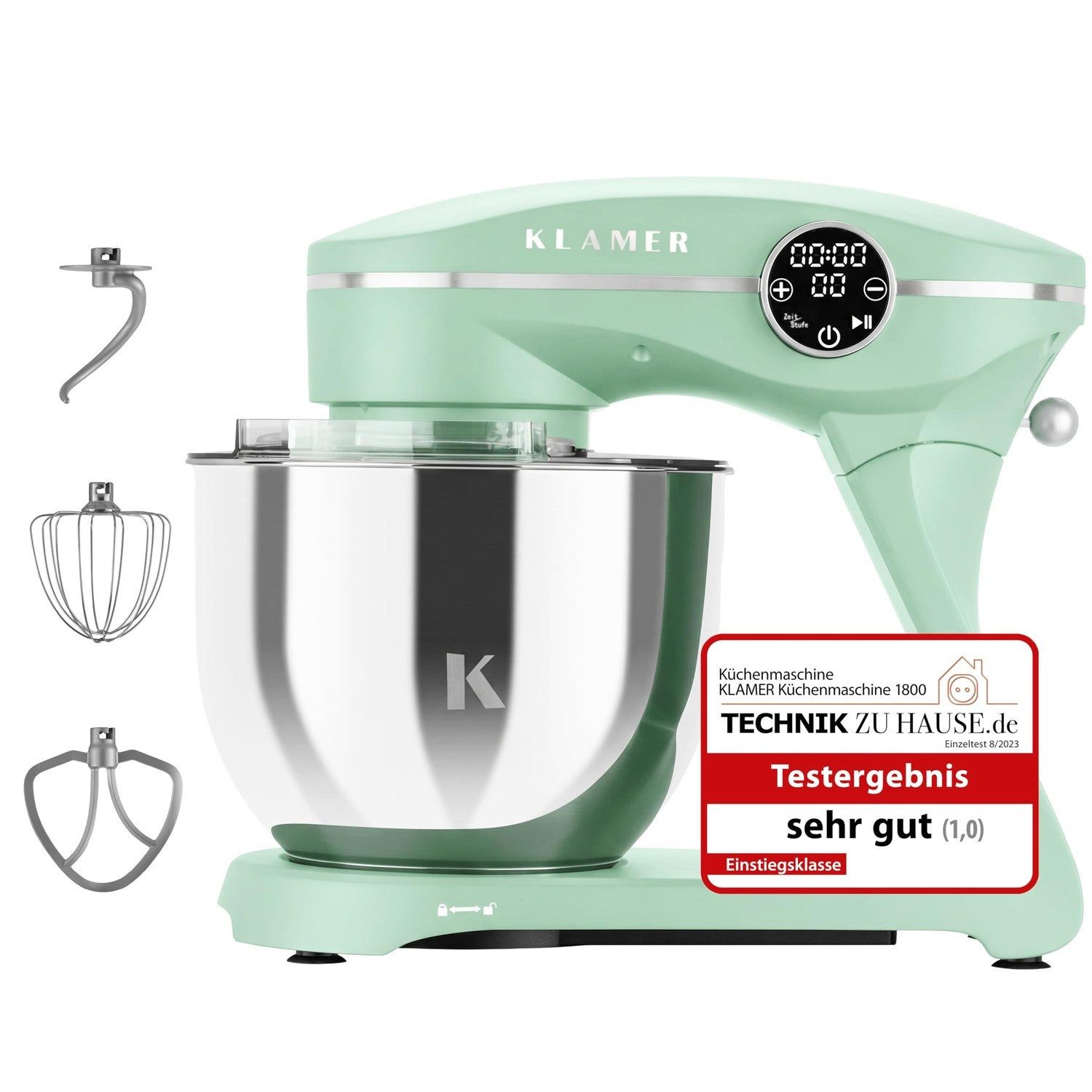KLAMER Küchenmaschine 1800W, Knetmaschine mit 6 Liter Edelstahl Schüssel, 10 Geschwindigkeitsstufen mit Timer, Rührbesen, Knethaken, Schneebesen und Spritzschutz, weiss, 1800 W, 6 l Schüssel, Spritzschutz, 3 Werkzeuge, Saugfüße, digitales Display, Timer