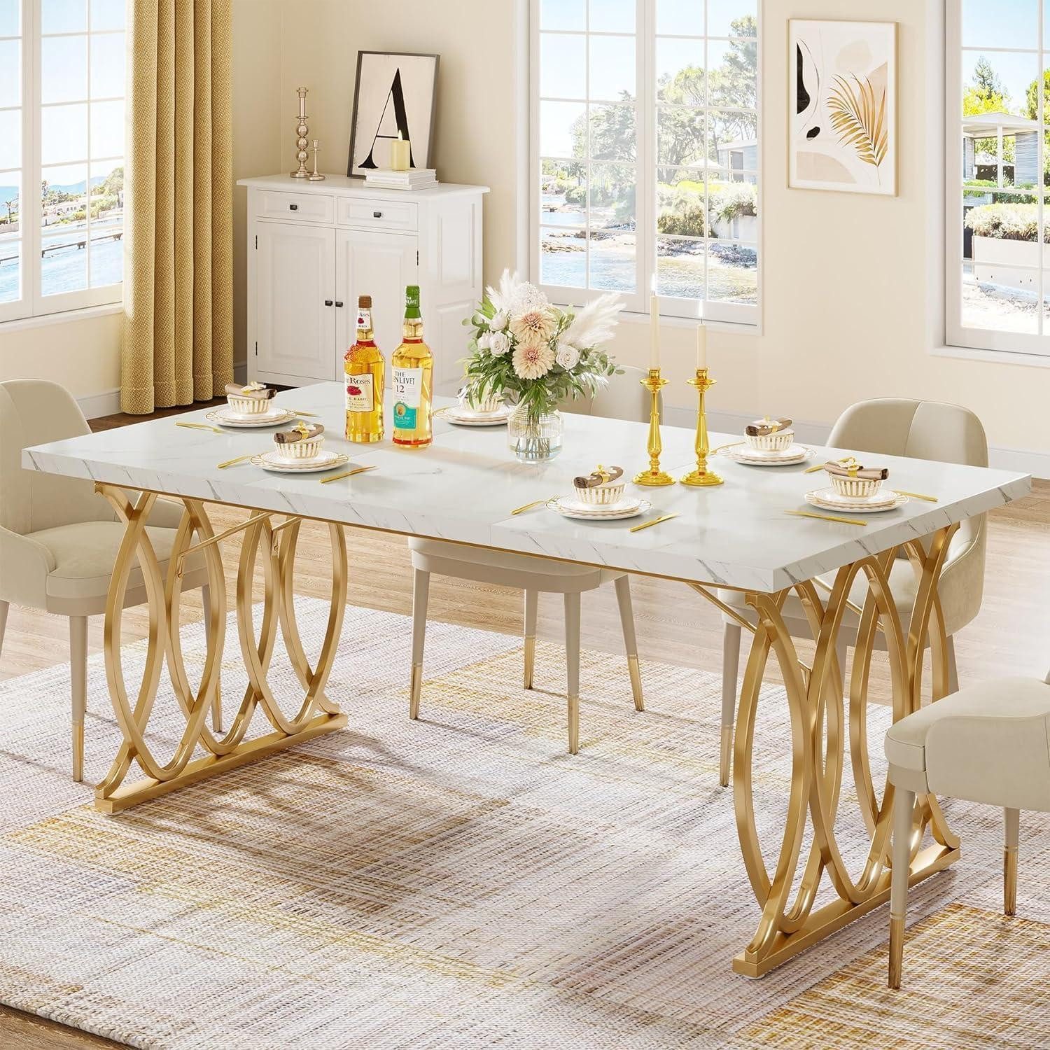 LuxusKollektion Esstisch Esstisch rechteckig 160 80 75 cm 6 Personen Küchentisch Weiß und Gold (1-St)