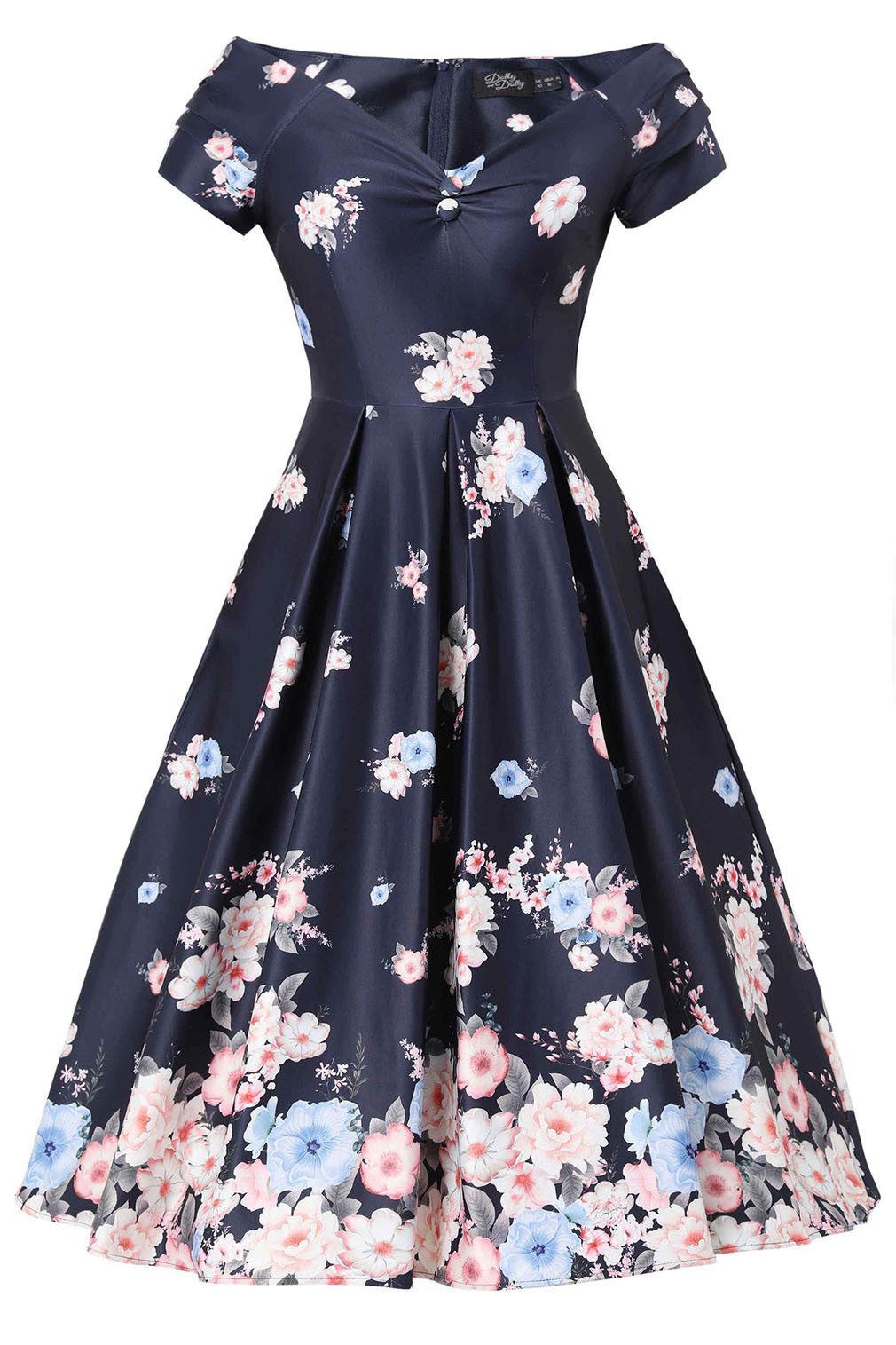Dolly and Dotty A-Linien-Kleid Lily Navy Blue Falling Rose Off-Shoulder Vin günstig online kaufen