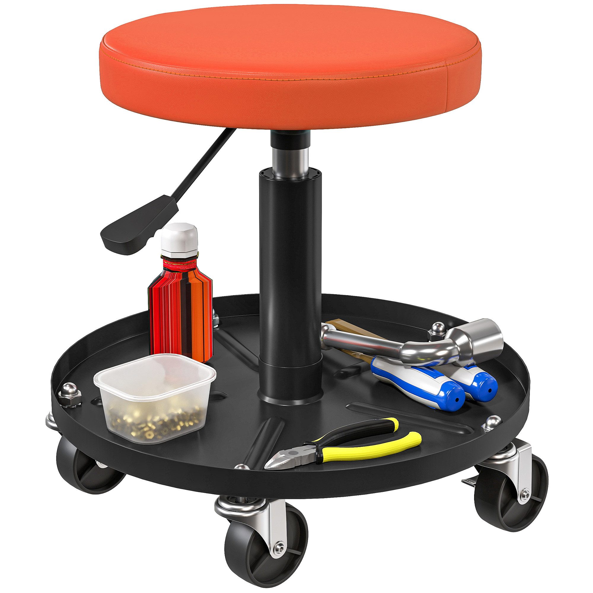 HOMCOM Montagehocker Arbeitshocker mit Rollen Ablagefläche Rollsitz Drehhocker (drehbar Werkstatthocker, 1 St., höhenverstellbar 38-50cm Rollhocker), bis 135 kg belastbar, Ø38 cm Werkstattsitz für Werkstatt Orange