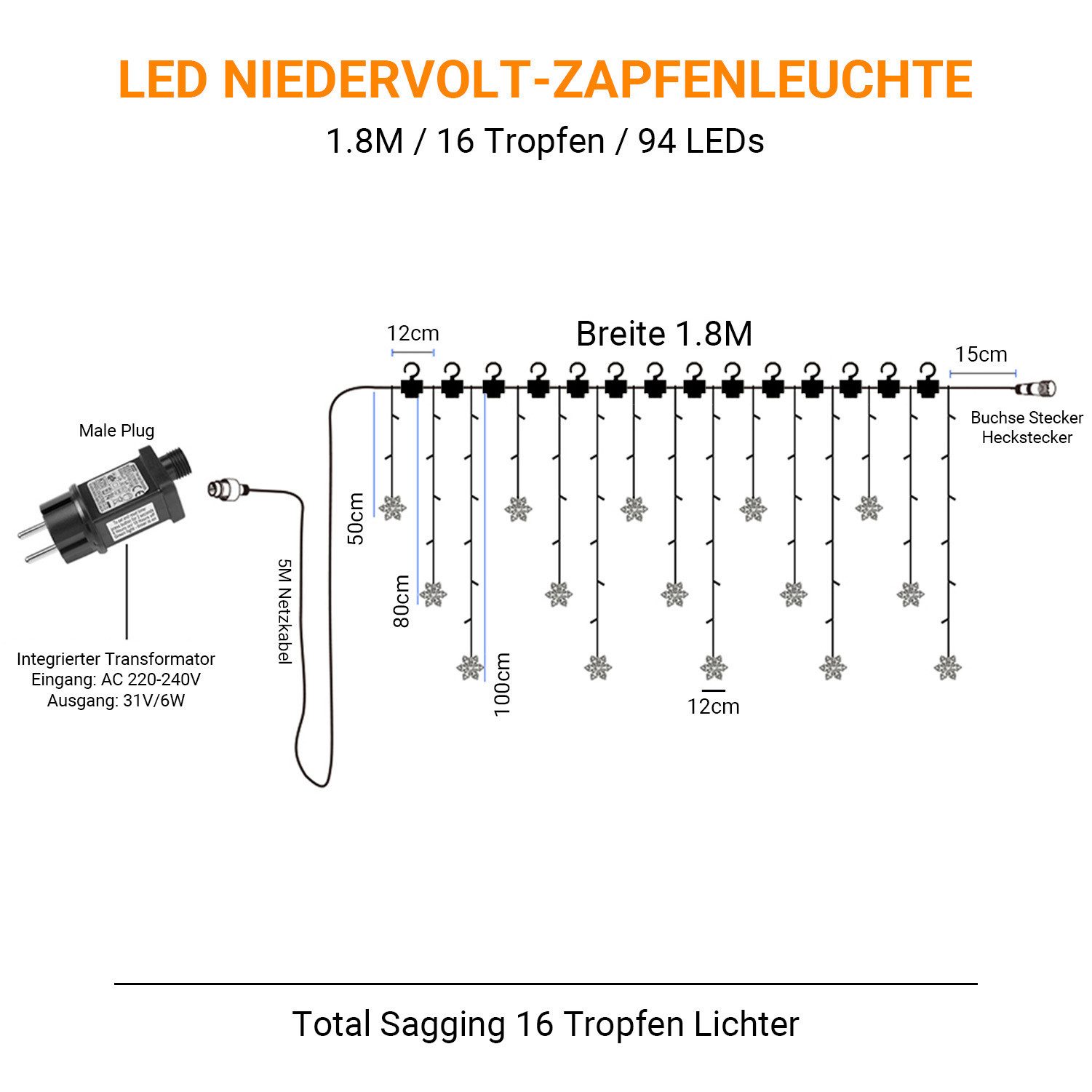 Rosnek LED-Lichtervorhang 3.5M, Große Schneeflocke, 8 günstig online kaufen