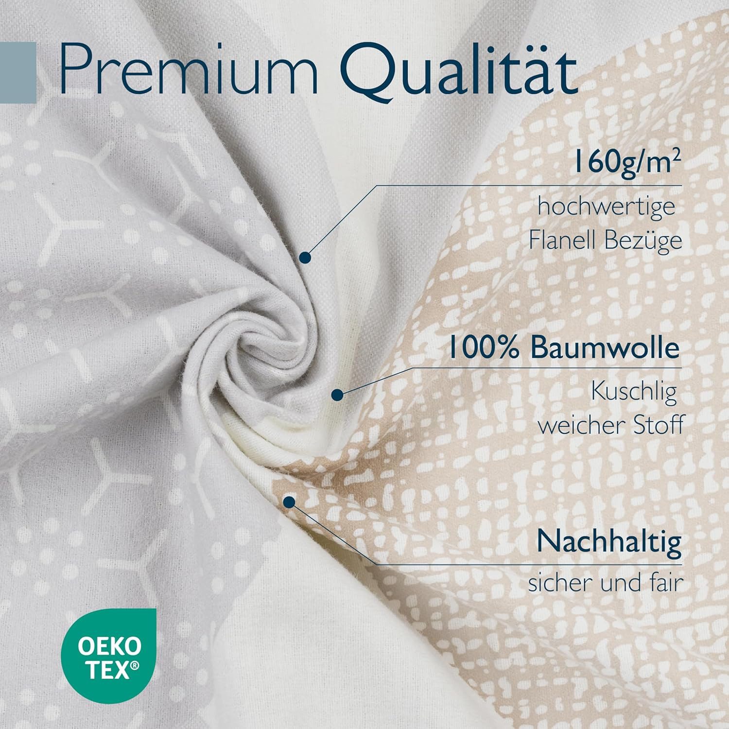 Beautissu Bettwäsche Biber Bettwäsche 4tlg Josi, 135x200cm, 80x80cm, Beige, 100% Baumwolle Warme Flanell Winterbettwäsche Biberbettwäsche
