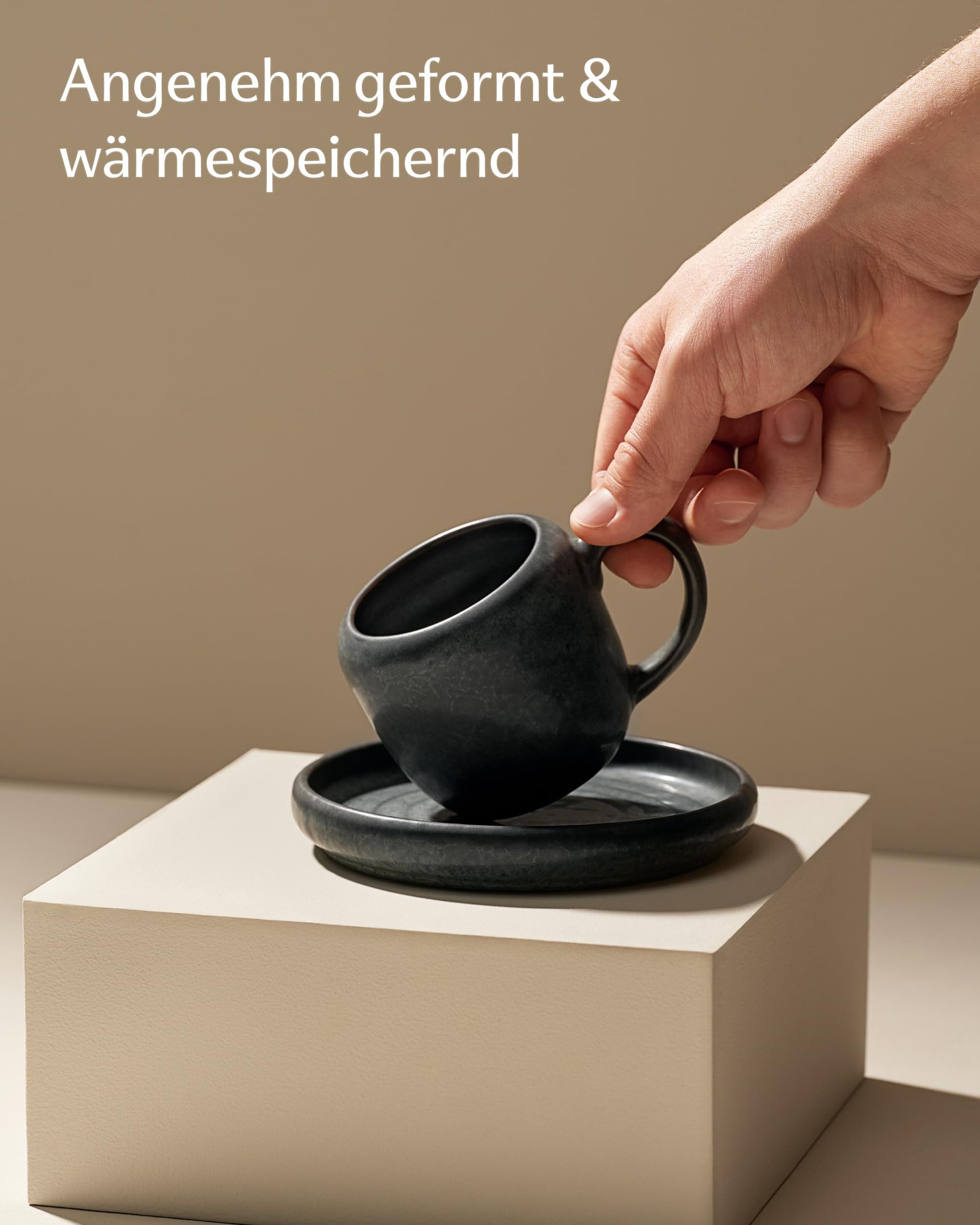 Cosumy Cappuccinotasse 4er Cappuccino Tassen Set mit Untertassen Weiß – 200 ml Keramik, 4-tlg., Steingut, Handglasiert, Spülmaschinenfest & Mikrowellengeeignet, – Bild 4 von 5