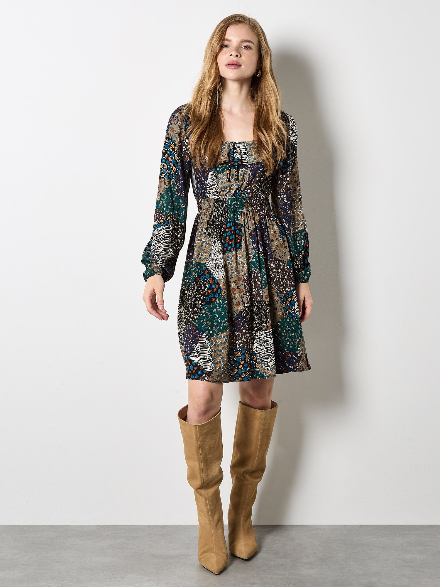 Apricot Minikleid Patchworkkleid mit Smokdetails und günstig online kaufen