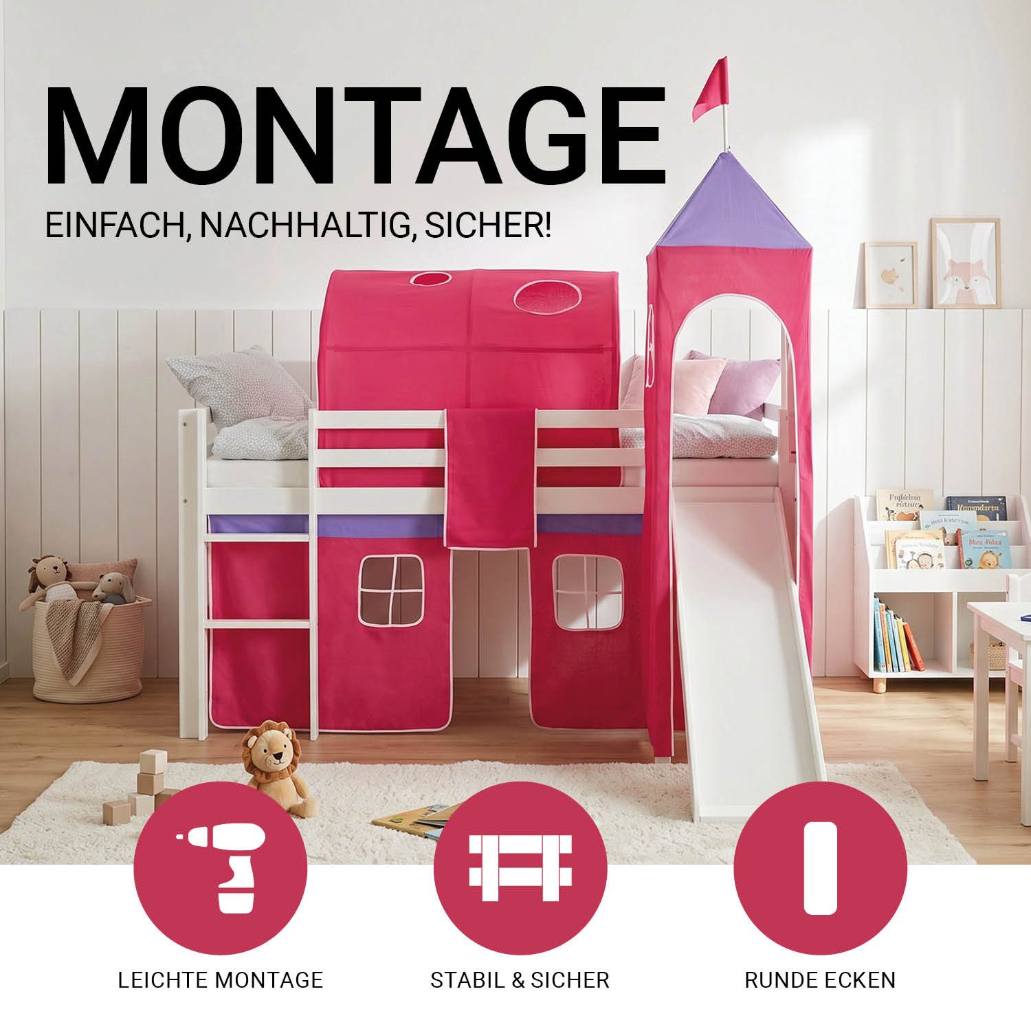Homestyle4u Hochbett 90x200 cm Kinderbett Weiß mit Vorhang Pink (Komplett-Set mit Lattenrost, mit Rutsche, mit Tunnel, mit Turm, Matratze mit OEKO-TEX® Standard 100) Kiefer, Jungen Mädchen, Spielbett