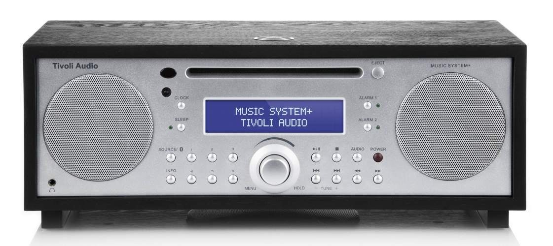 Tivoli Audio Music System+ schwarz/silber Stereoanlage (Digitalradio (DAB),FM-Tuner,  AM-Tuner, CD,Bluetooth,Fernbedienung,dimmbares Display mit Uhrzeit,  Weckfunktion,2 Weckzeiten, AUX-IN, Holzgehäuse, integrierter Subwoofer)