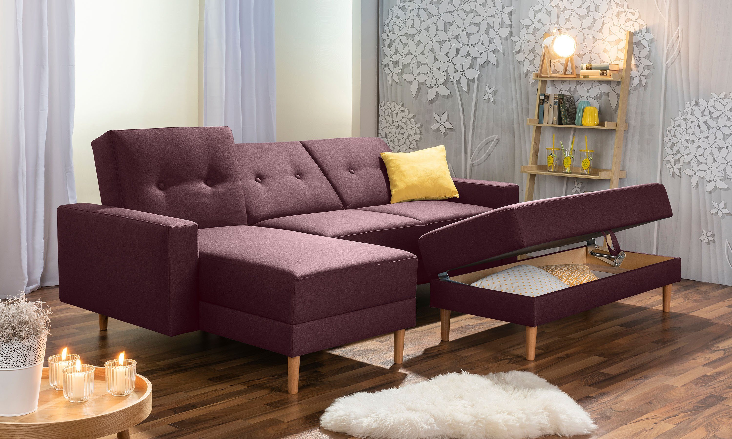 Schlafsofa verstellbar ca. Rückenlehne 5-fach Ecksofa 1 Stück, Max Just cm, burgund, 170x200 Funktionssofa Stauraumhocker Cool Winzer® Ecksofa Liegefläche