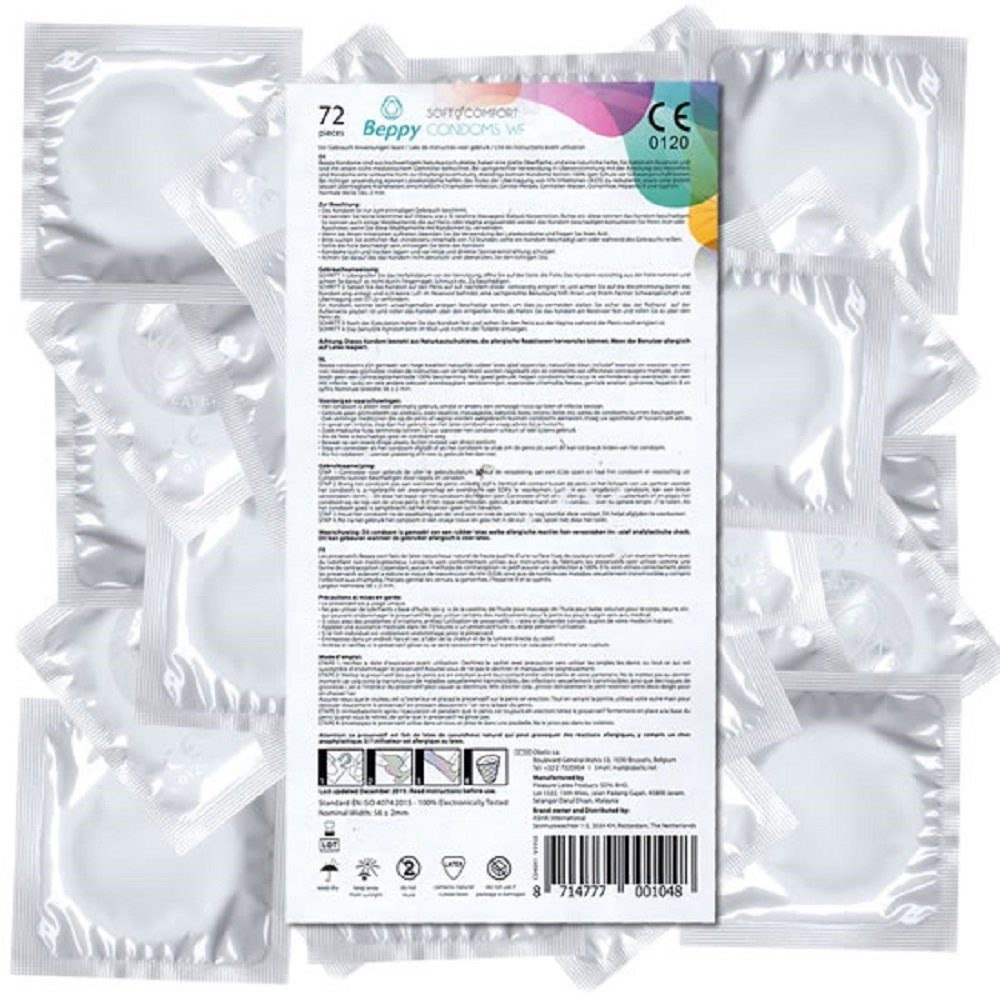 Beppy Kondome Comfort - bewährte Qualität von BEPPY - Packung mit, 72 St., feuchte Kondome in Komfortgröße, feucht und zuverlässig an allen Tagen, 56mm Breite