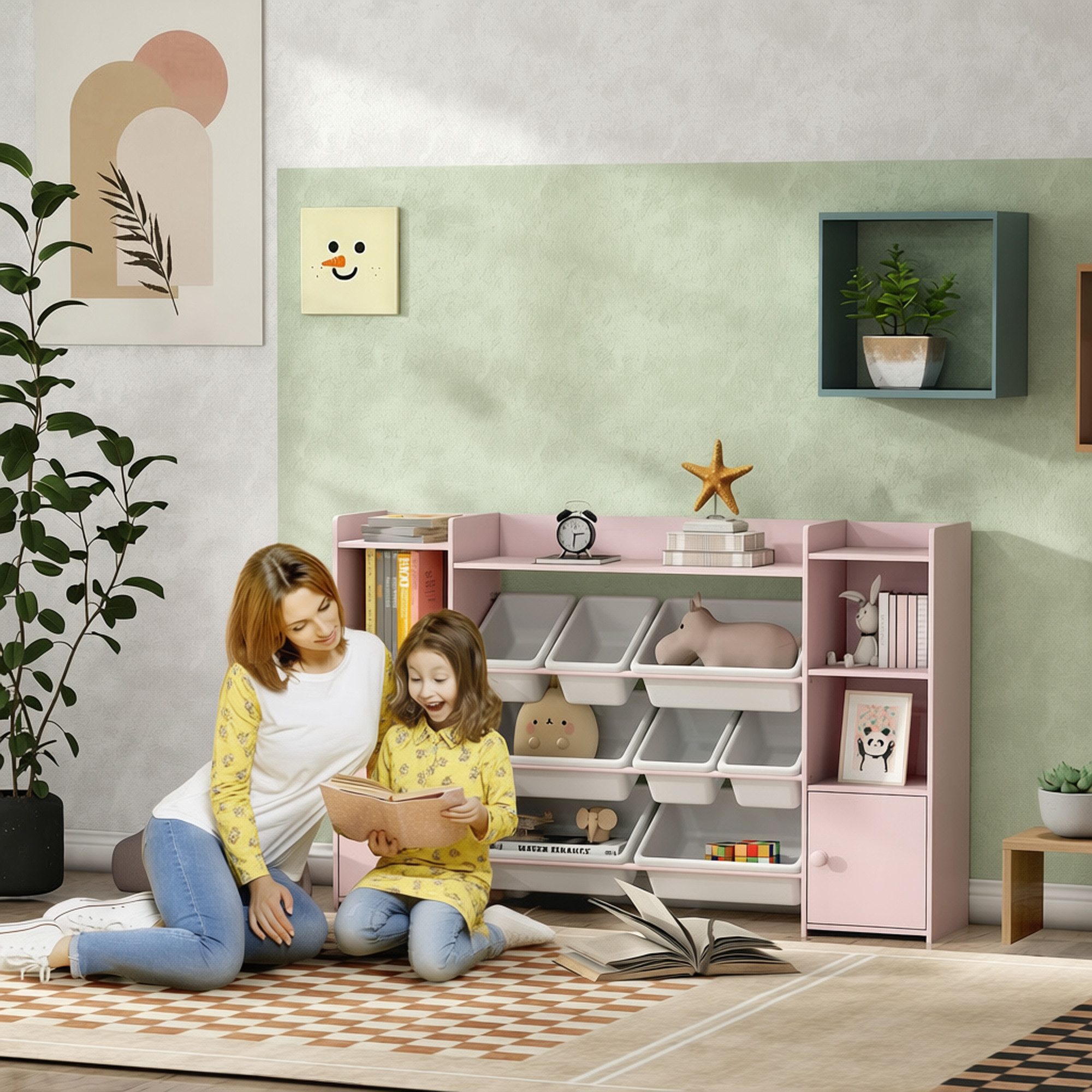 AIYAPLAY Kinderregal Spielzeugregal, Bücherregal, 8 Aufbewahrungsboxen, 4 offene Fächer, Kinderregal 1-tlg., für Kinderzimmer, Spielzimmer, Wohnzimmer, 140 x 30 x 90 cm, Rosa