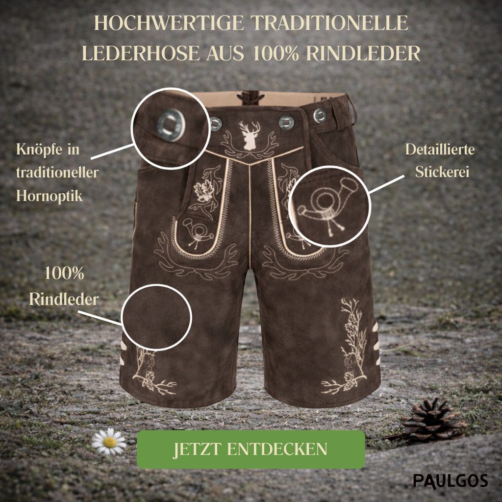 PAULGOS Trachtenhose Herren Lederhose Kurz mit Trägern 100% Echtleder - HK3