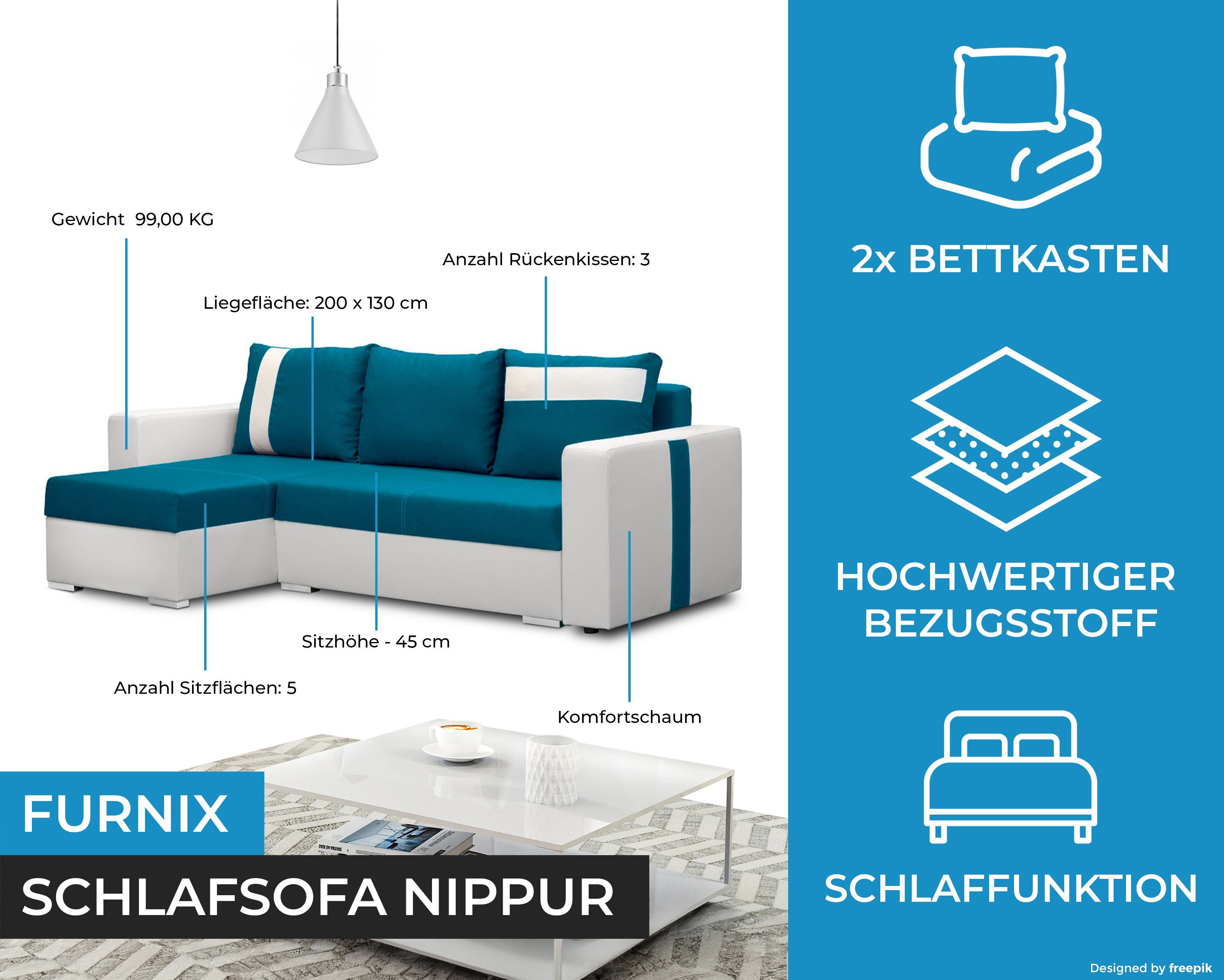 DL-Ausziehautomatik, NIPPUR Sitzhöhe: cm x BH16+SF17 in 45 Schlaffunktion, Sofa L-Form Polstercouch B230 Schlafsofa mit x Furnix 2x H90 T145 cm, Maße: Weiß/Blau Bettkasten,