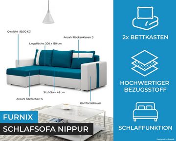 Furnix Schlafsofa NIPPUR Sofa in L-Form Polstercouch mit Schlaffunktion, 2x Bettkasten, DL-Ausziehautomatik, Maße: B230 x H90 x T145 cm, Sitzhöhe: 45 cm