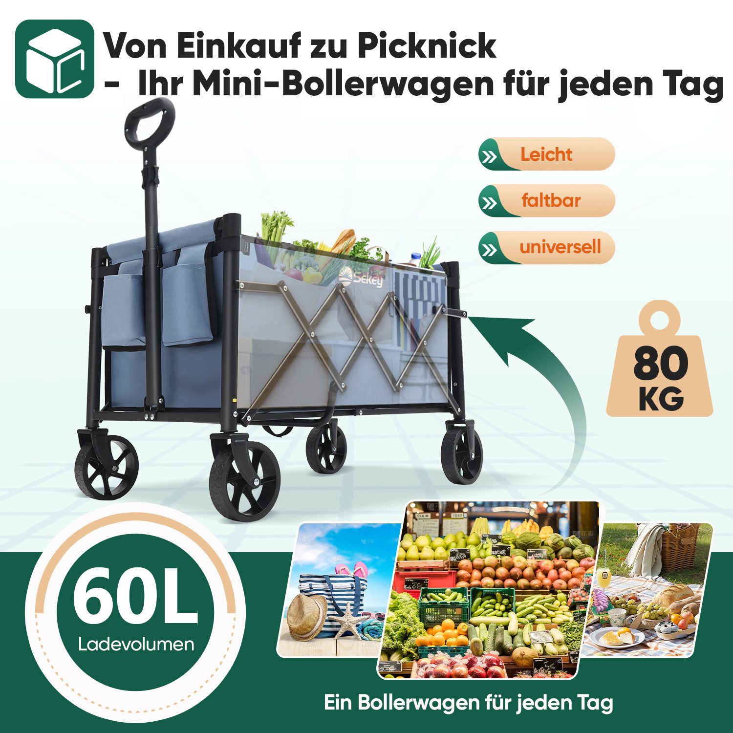Sekey Bollerwagen Ultraleicht Faltbarer Handwagen Transportkarre bis zu 80kg / 100kg, 80 KG / 60 L Einkaufswagen Campingwagen mit Höhenverstellbarem Griff
