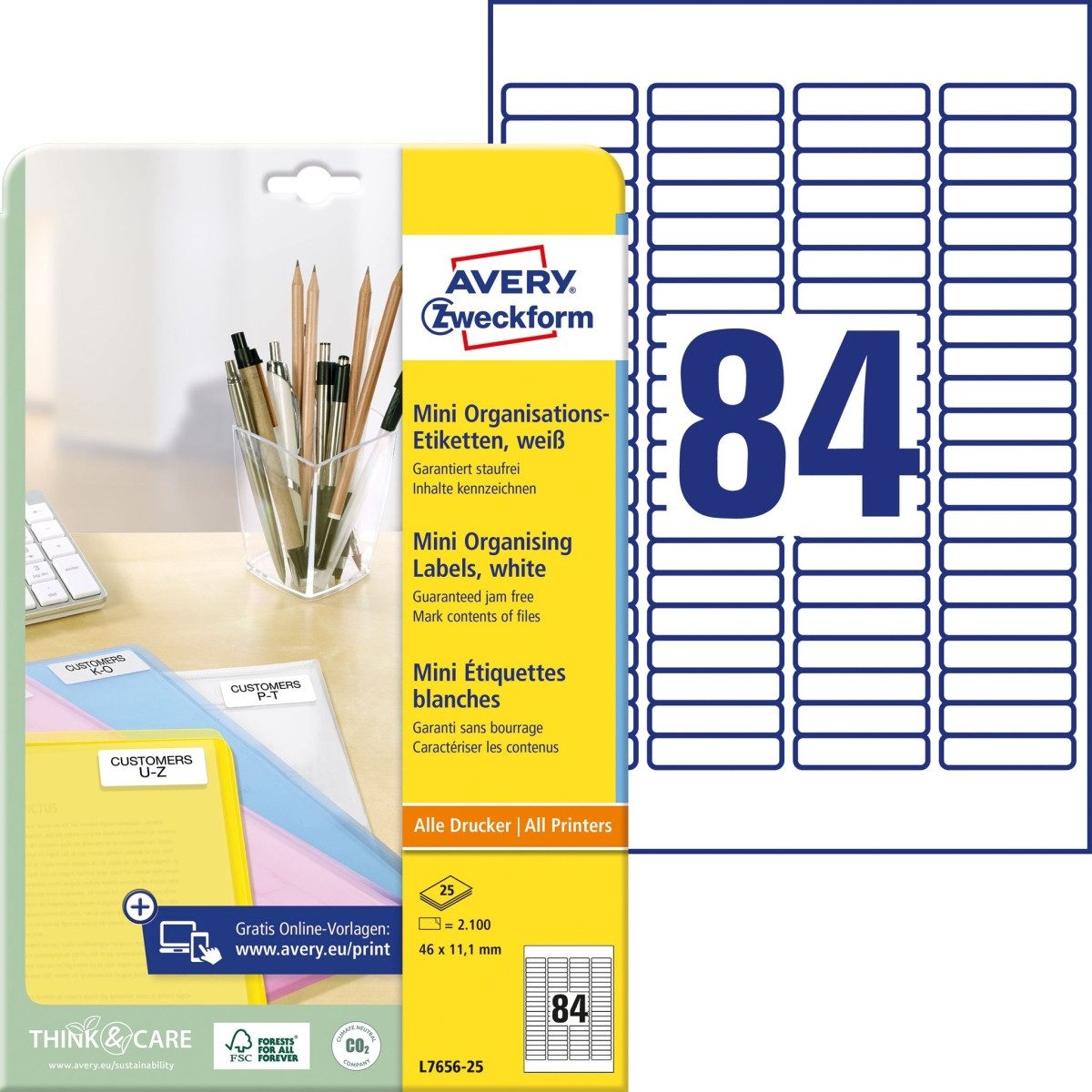 Avery Zweckform Etiketten Mini-Organisations-Etiketten 46x11,1 mm 25 Blatt/2100 Etiketten weiß