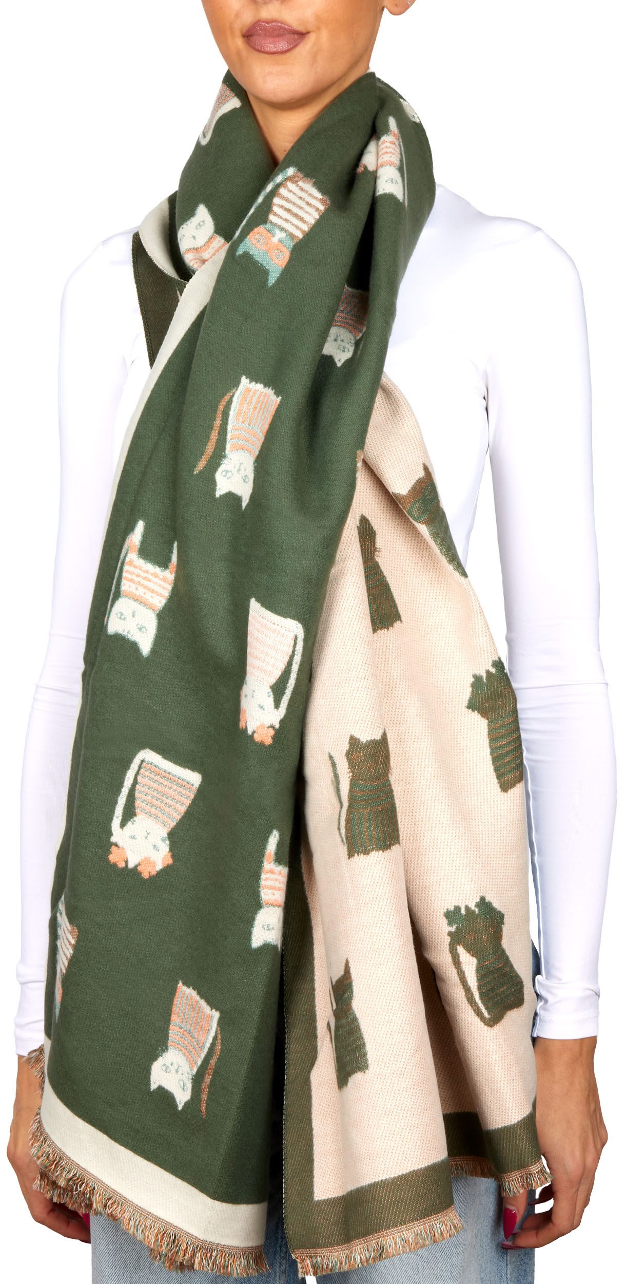 BRUBAKER Schal Cashmirillo Damen Schal mit Katzen Muster - 70 x 200 cm, (Herbstschal Winterschal, 1-St. Weiches Kaschmir-Gefühl), Warm, Kuschelig und Oversized - Damenschal für Herbst und Winter