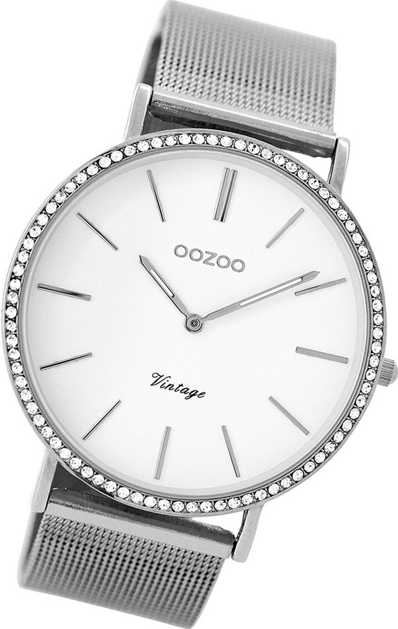 OOZOO Quarzuhr Oozoo Edelstahl Damen Uhr C8890 Analog, Damenuhr Edelstahlarmband silber, rundes Gehäuse, groß (ca. 40mm)