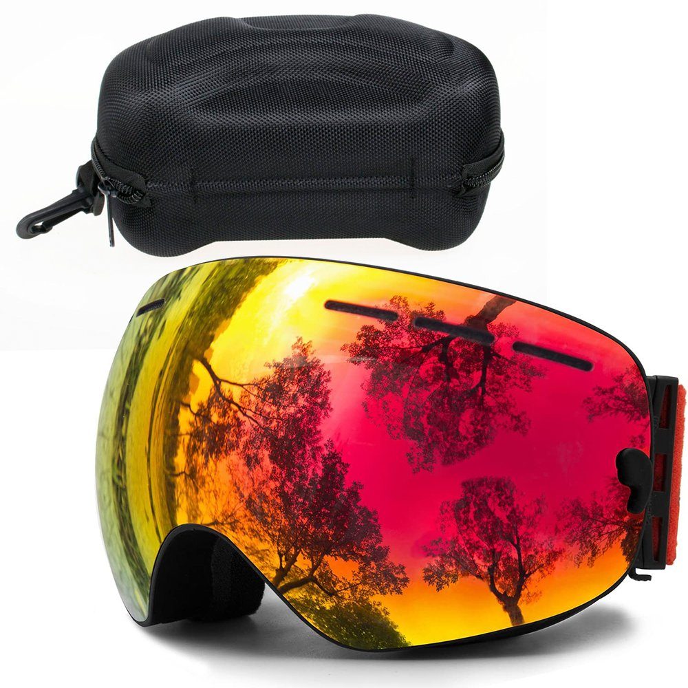 Rosnek Snowboardbrille Doppellagige Linse, magnetisch, Anti-Beschlag, UV400, für Skifahren, Männer Frauen Rot