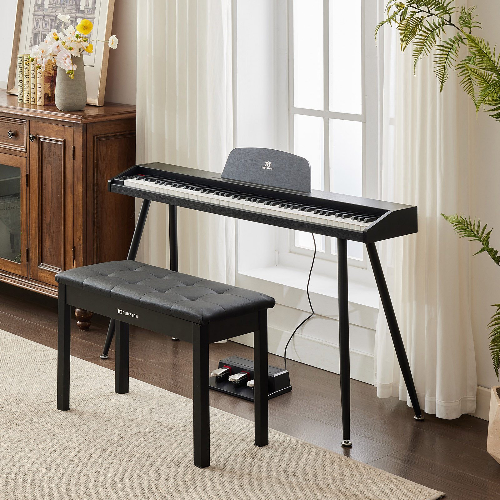 MUSTAR Digitalpiano mit 88 anschlagdynamischen Tasten, Klavierhocker und 3 Pedaleinheiten (mit Klavierbank), Portables E-Piano in voller Größe mit MIDI-USB und Ständer