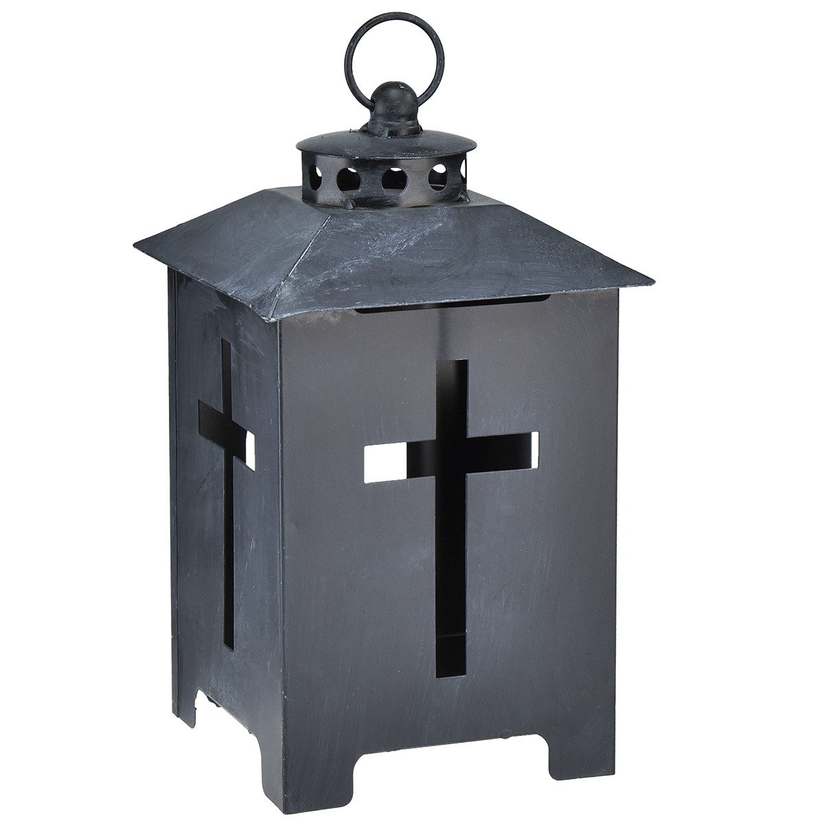 Florists Products Grabkerze Metall Grablicht Laterne mit Kreuzfenster - Antiklook Grau -