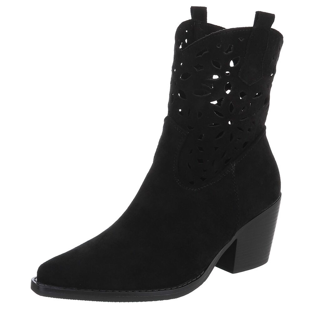 Ital-Design Elegante Stiefeletten mit Ausschnitt für Damen in Alltag und Freizeit Sommerboots (91117100) Blockabsatz Stiefeletten in Schwarz