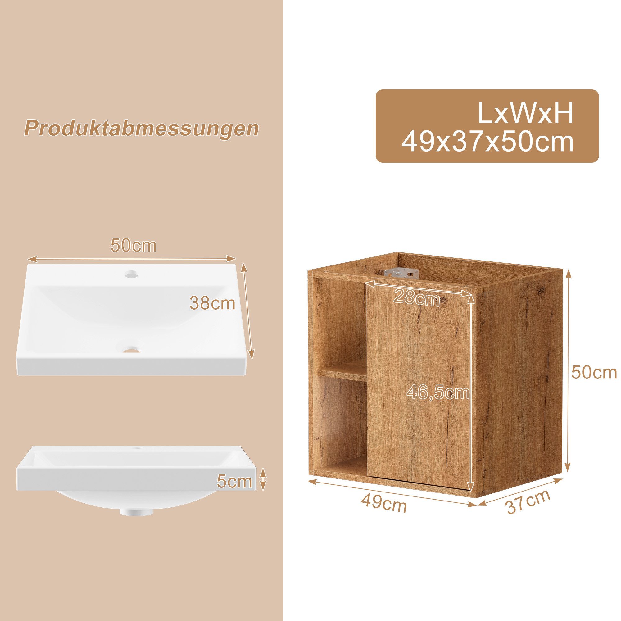 UEV Waschtisch klein Waschbecken mit Unterschrank set Badmöbel Gäste-WC hängend 50cm (Waschplatz ausreichend Stauraum,Badmöbel Set für Badezimmer, Unterschrank  – Bild 5 von 5