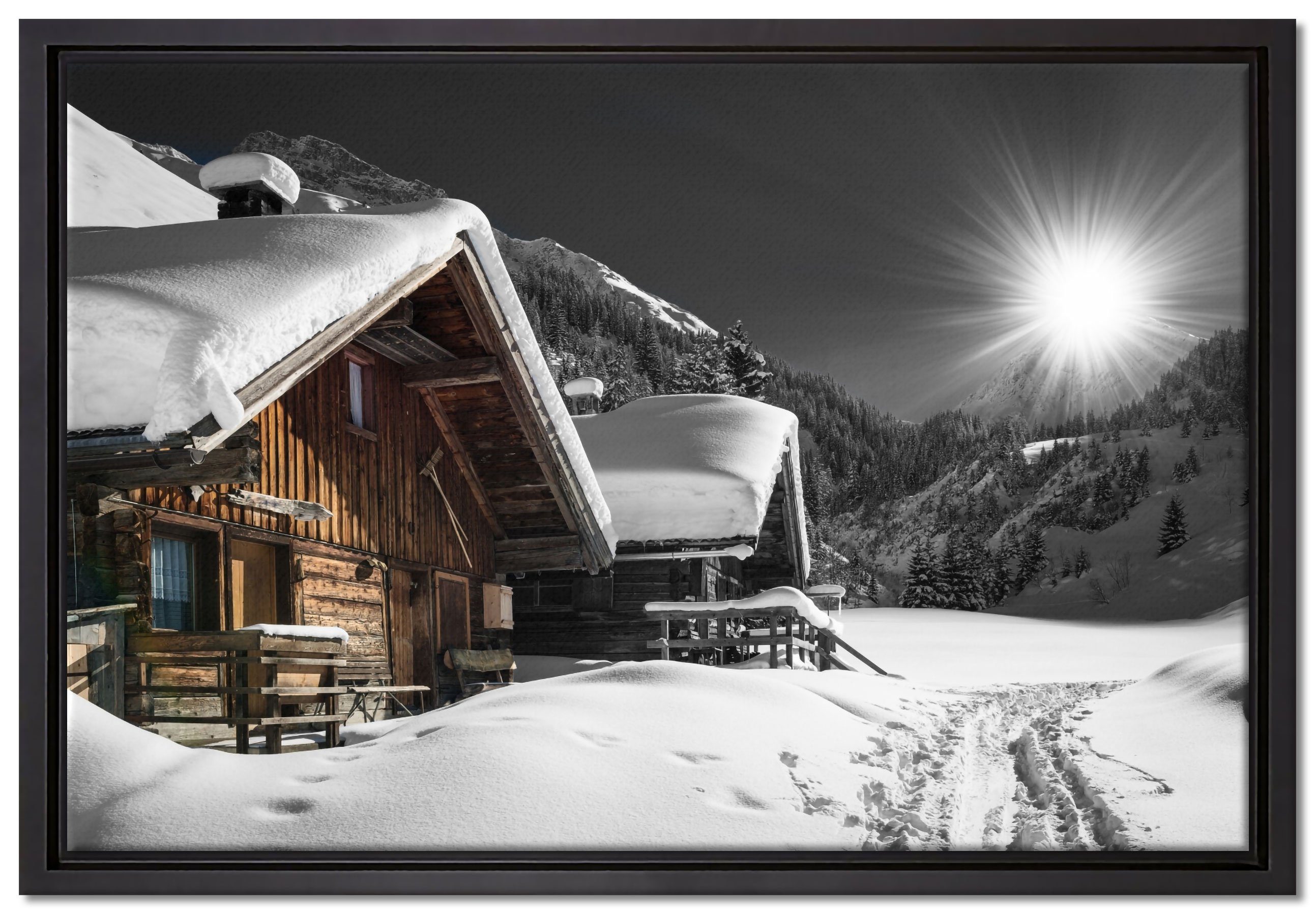 bespannt, fertig Alpenhütten, in (1 Leinwandbild Pixxprint Schattenfugen-Bilderrahmen St), gefasst, Leinwandbild inkl. einem Wanddekoration Zackenaufhänger