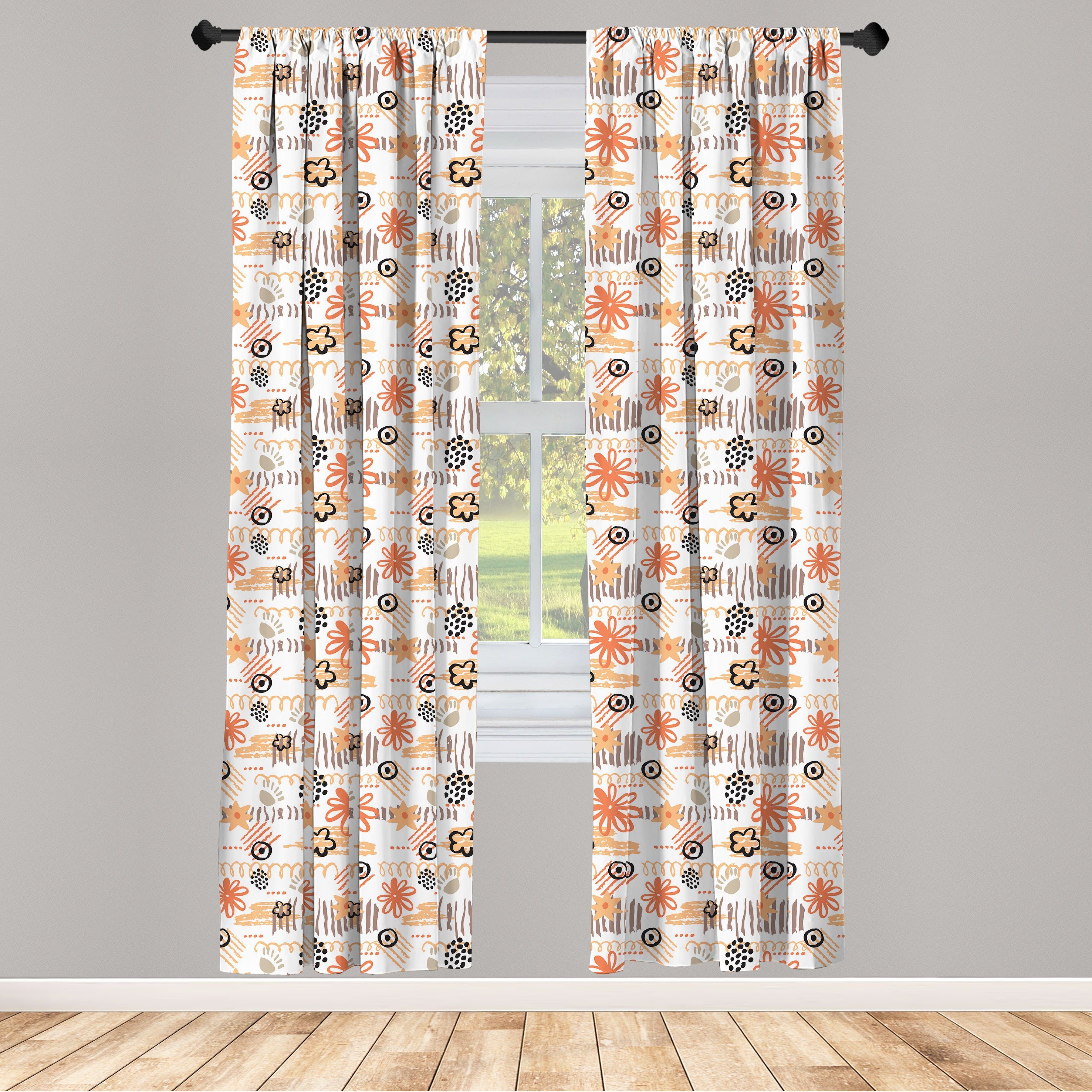 Gardine Vorhang für Wohnzimmer Schlafzimmer Dekor, Abakuhaus, Microfaser, Gekritzel Blumen und Streifen