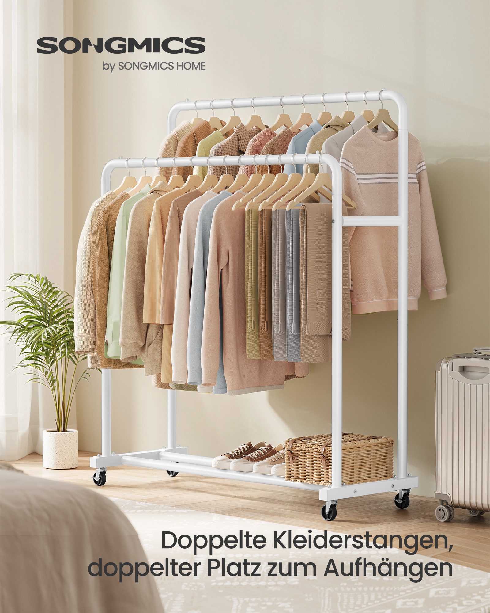 SONGMICS Kleiderständer Kleiderstange, Garderobenständer, mit 2 Rollen mit Bremse, bis 50/90 kg Belastbar