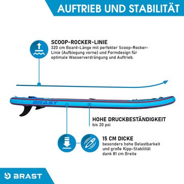 BRAST SUP-Board SUPER Set, Aufblasbares Stand up Paddle, 320x81x15cm, extra Zubehör, 5 Jahre Garantie, inkl. Fußschleife Paddel Rucksack Pumpe