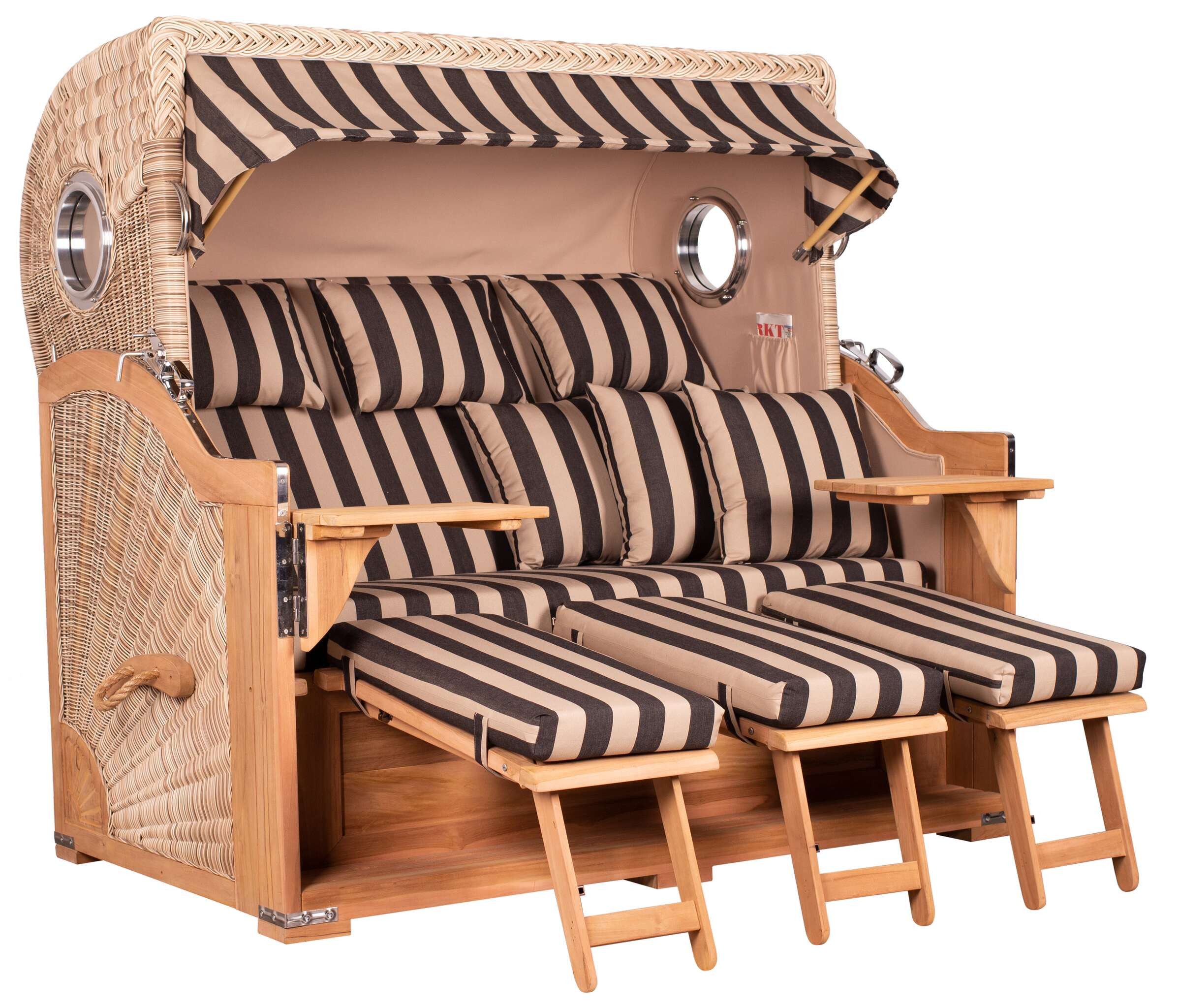 MR.DEKO Strandkorb XXL Dreisitzer Teak Shell PE-Geflecht mit Bullaugen 170x95x170cm, BxTxH: 170x95x170 cm, XXL, Baltikum XXL, (Fertig montierter großer Strandkorb für Garten & Terrasse, 1-tlg), Wetterfester Volllieger mit Edestahlbeschlägen & waschbaren Polstern