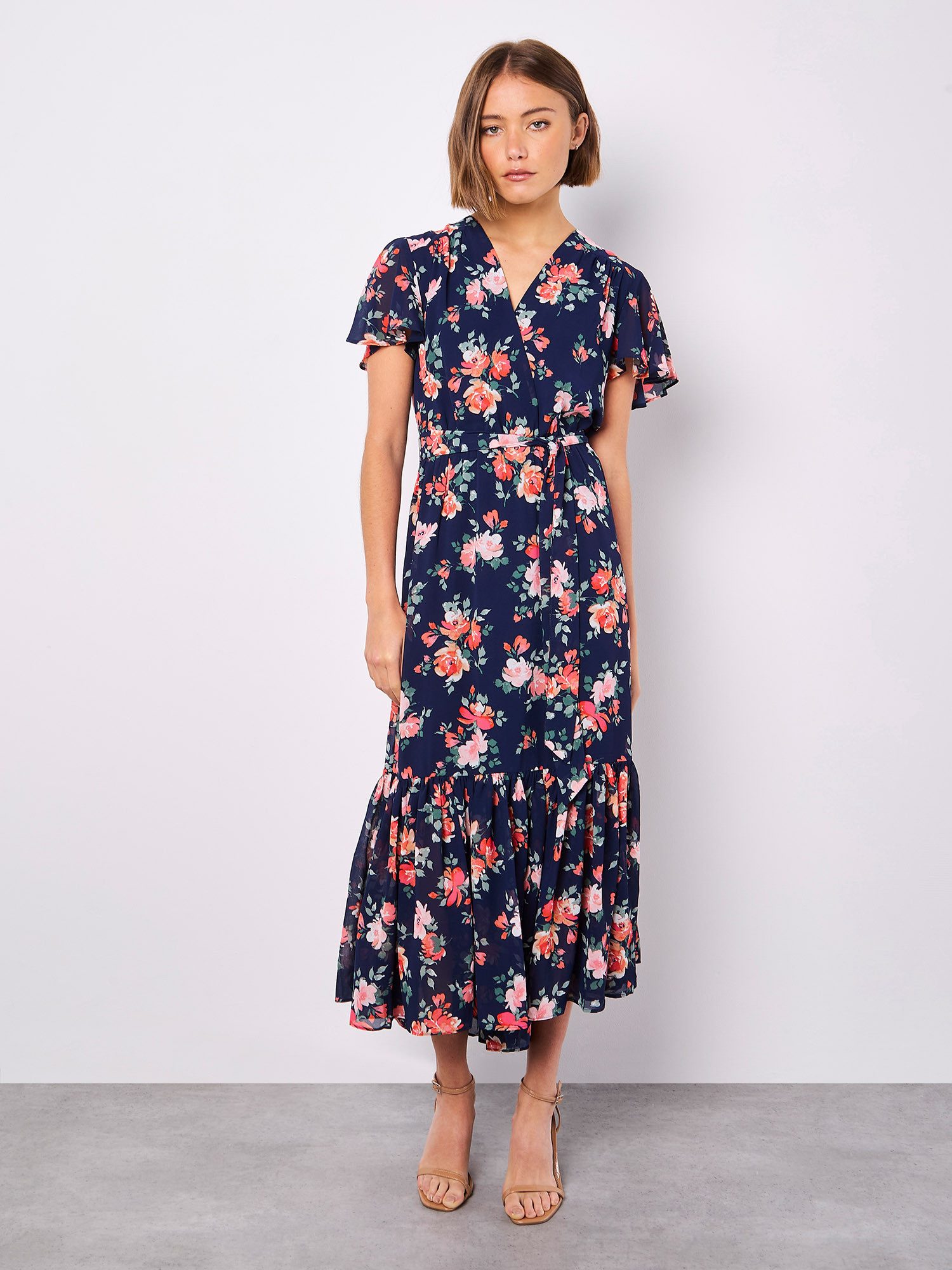 Apricot Druckkleid Midikleid in Wickeloptik (2-tlg) mit Blumenmuster günstig online kaufen