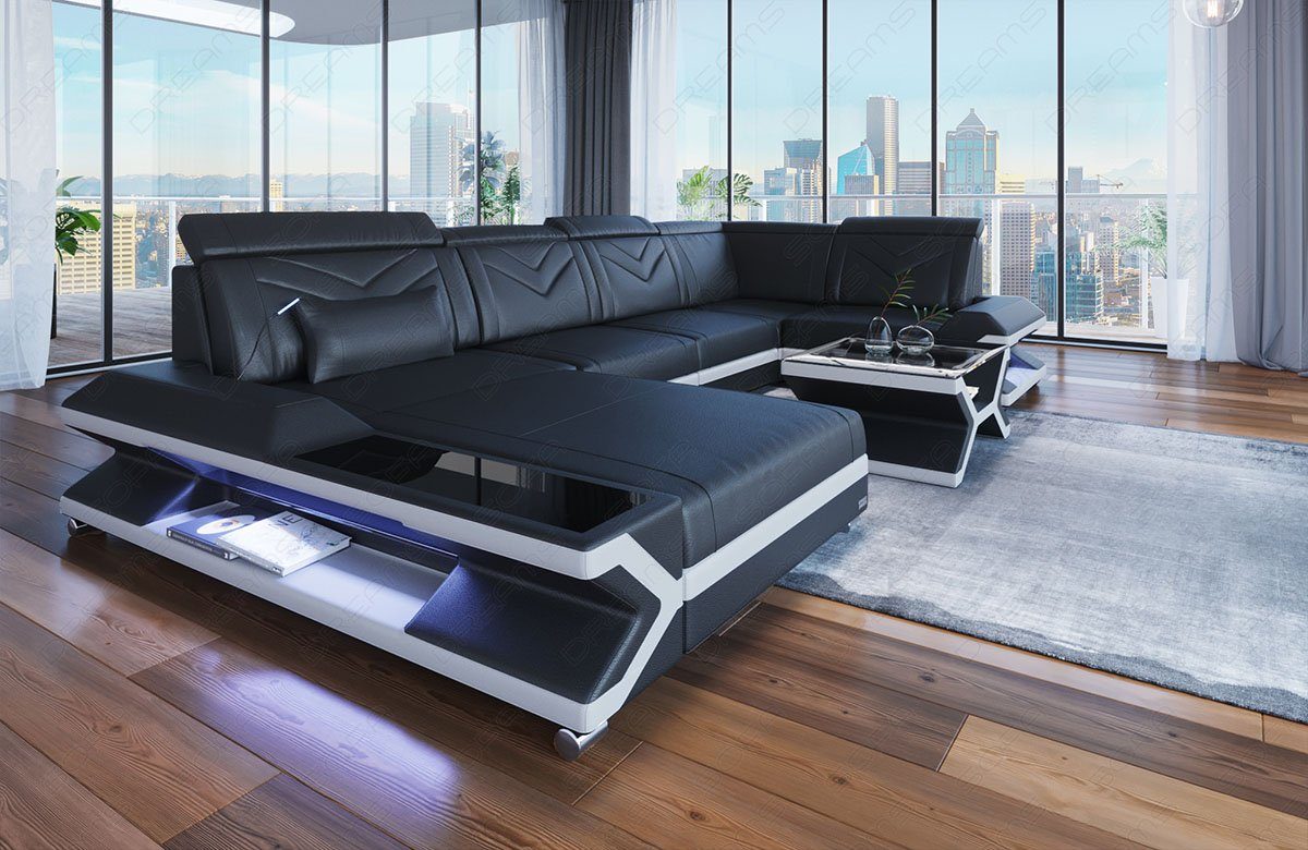 Sofa Dreams Wohnlandschaft Napoli U Form Mini Leder, Designersofa, 6-Sitzer, Ottomane, Leder, LED-Beleuchtung, viele Farben, Kopfstützen
