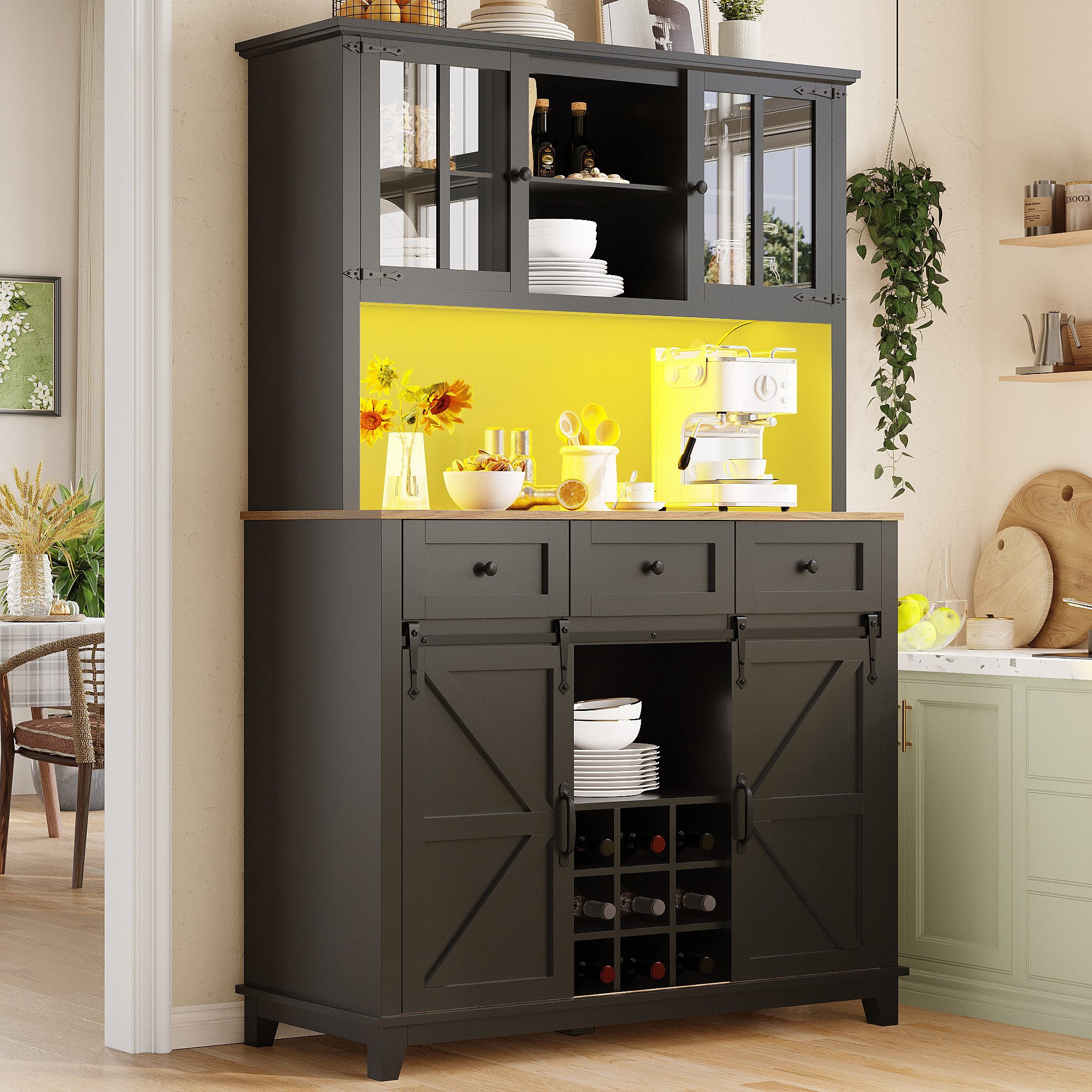 Flieks Küchenbuffet mit LED-Beleuchtung und Weinregal (Vitrinenschrank mit Schubladen und Glastüren, 1-St., B105/T40/H180 cm) Hochschrank Küchenschrank Geschirrschrank mit verstellbare Ablagen