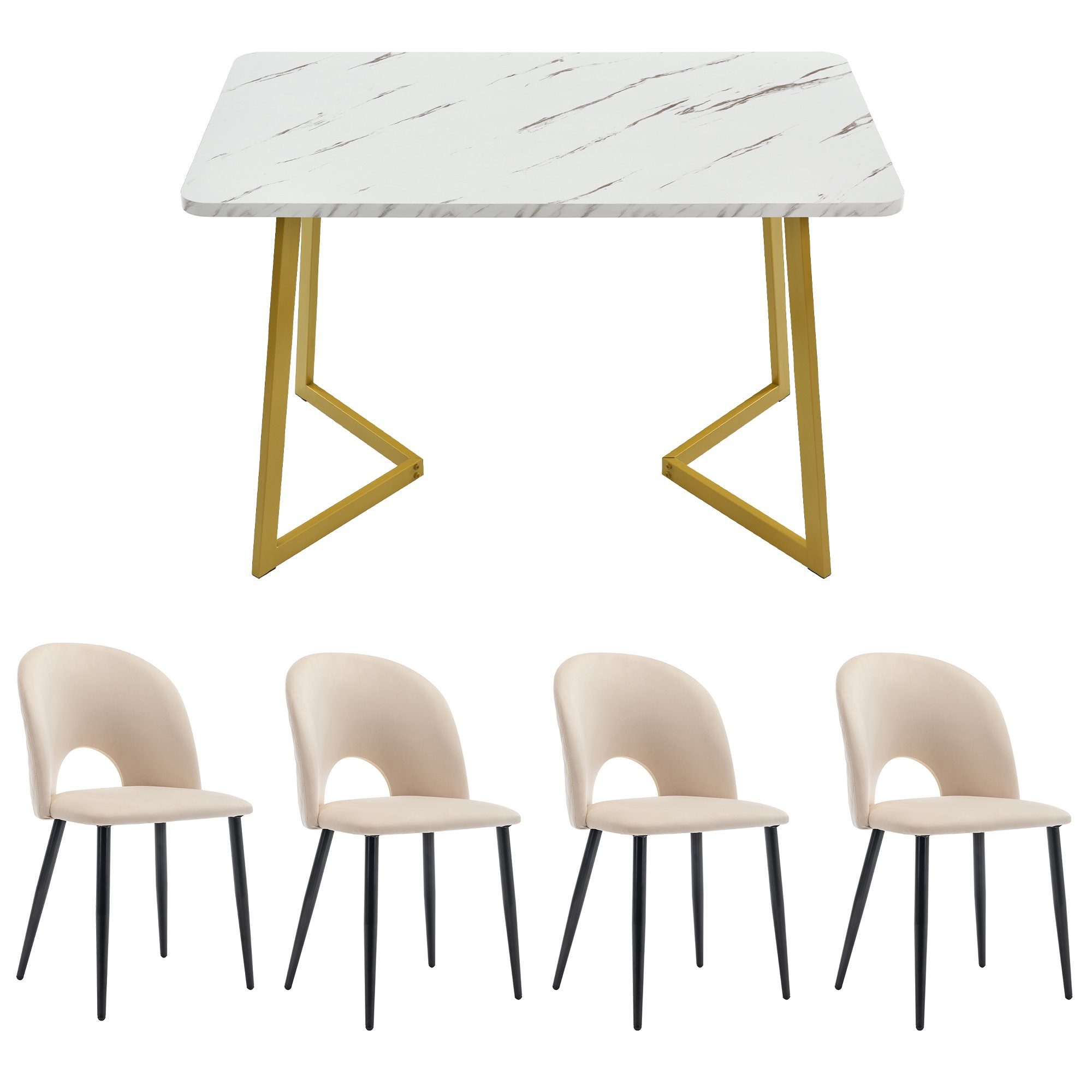 Stühlen) 4 Ulife Golden Esstisch, Rechteckiger Beige Essgruppe (Set, Diamantmuster, 5-tlg., | Tisch Esszimmerstuhl mit Beige | mit