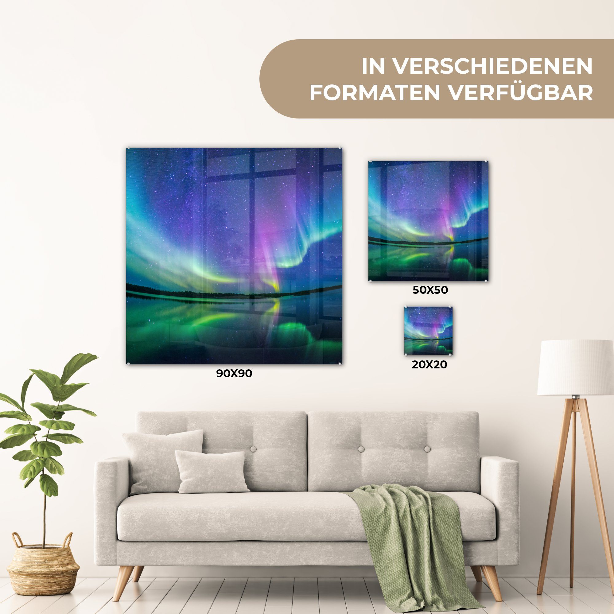 auf - Wanddekoration Nordlicht auf Reflexion, Bilder Acrylglasbild Wandbild Glas bunt St), - Glas - - (1 Foto - MuchoWow Sternenhimmel Glasbilder