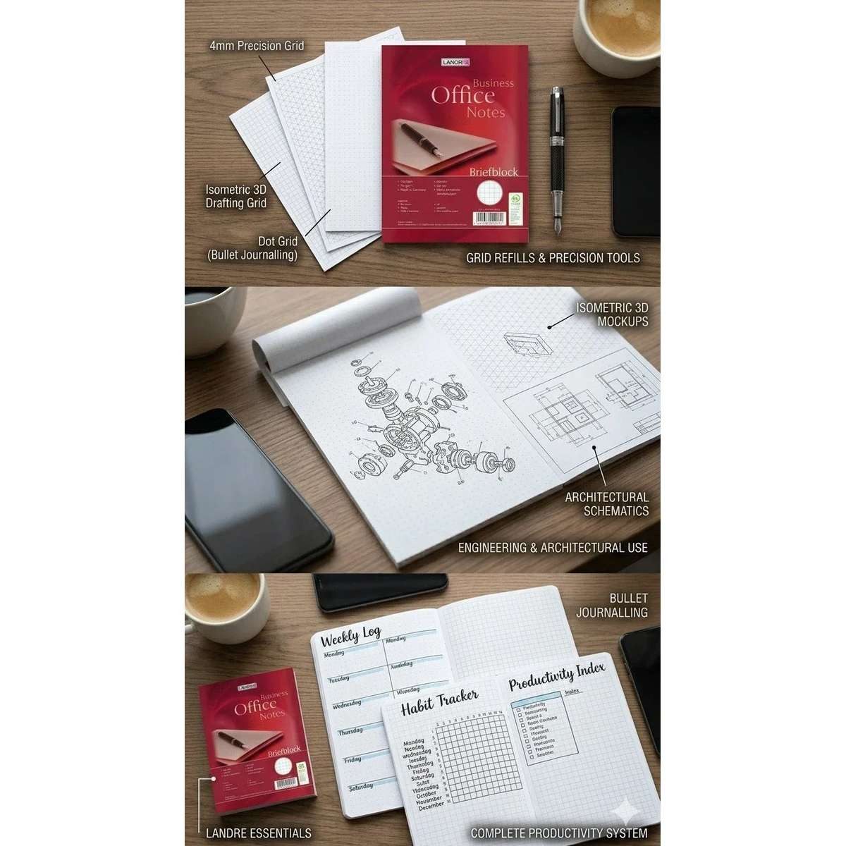 LANDRE Notizblock LANDRE Briefblock Office A5 100 Blatt kariert 70 gqm 5Stk