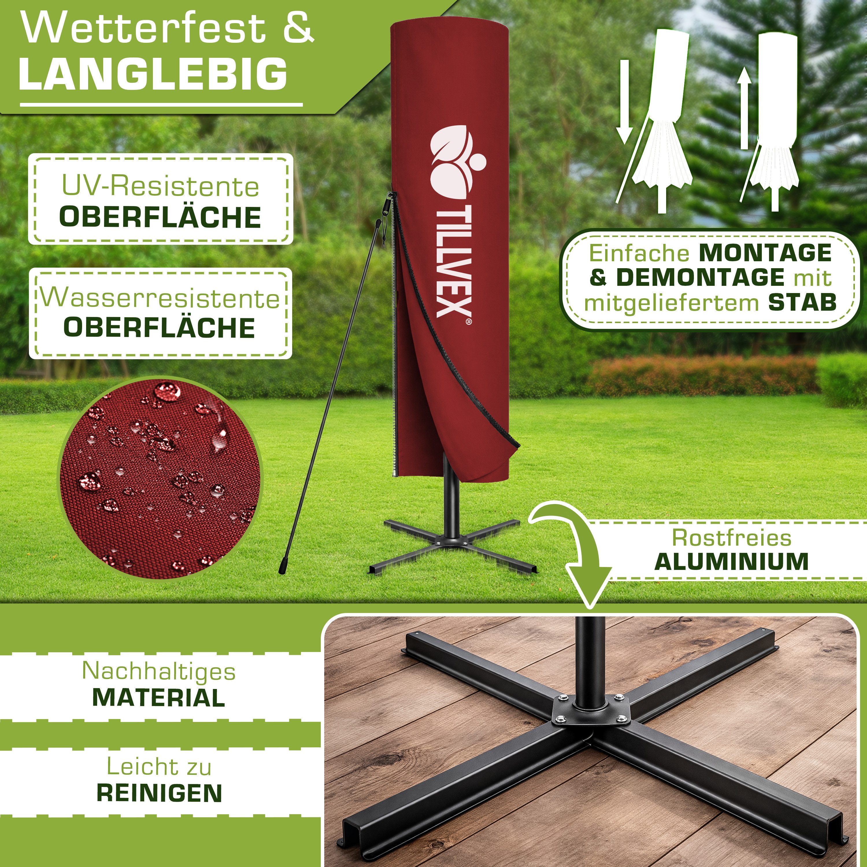 tillvex Sonnenschirm 300-350 cm Kurbel Ampelschirm mit Ständer, Abdeckung & Windsicherung, Gartenschirm UV-Schutz Aluminium – Bild 4 von 5