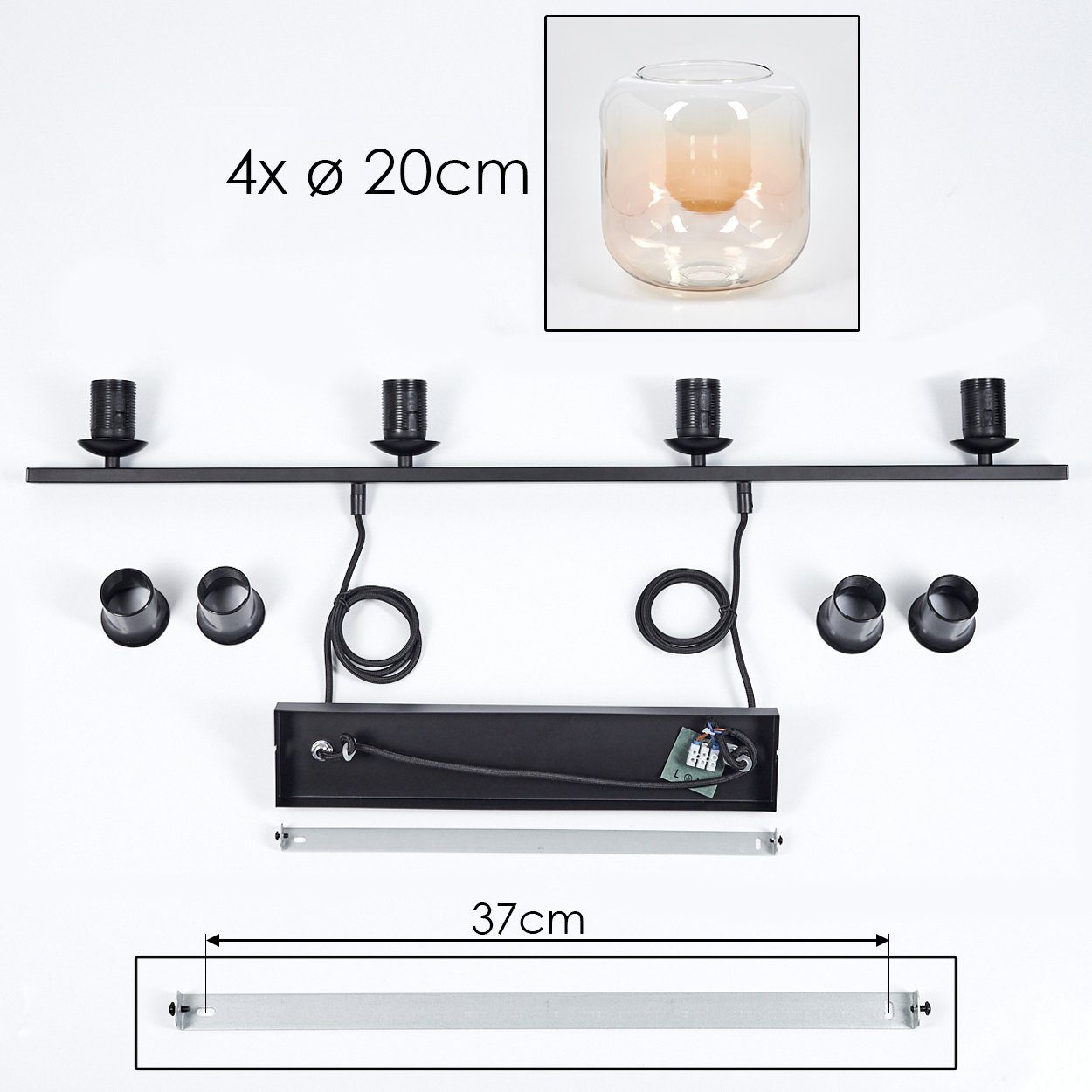 Pendelleuchte 4x Schwarz/Bernsteinfarben/Klar, Glasschirme Metall/Glas Leuchtmittel, max. Leuchtmittel ohne E27, Höhe hofstein aus ohne Hängeleuchte Ø20cm, in 111,5cm,