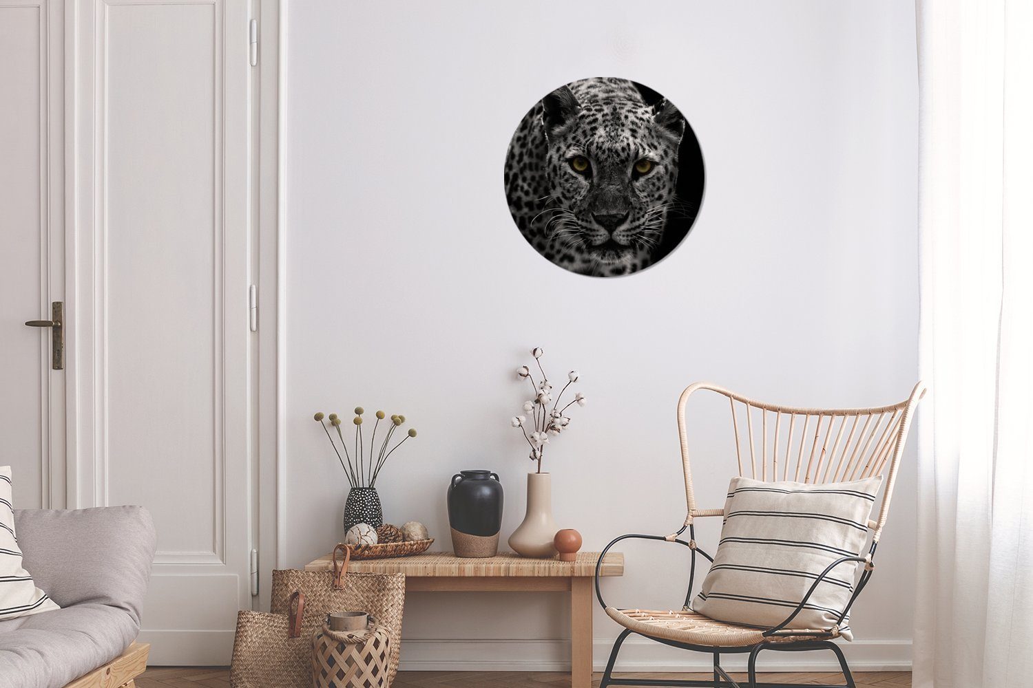 Leoparden, Wohnzimmer, (1 Schwarz-Weiß-Foto Forex, Kreis MuchoWow Wandbild, Rundes Wanddekoration farbigen 30x30 cm eines St), Gemälde