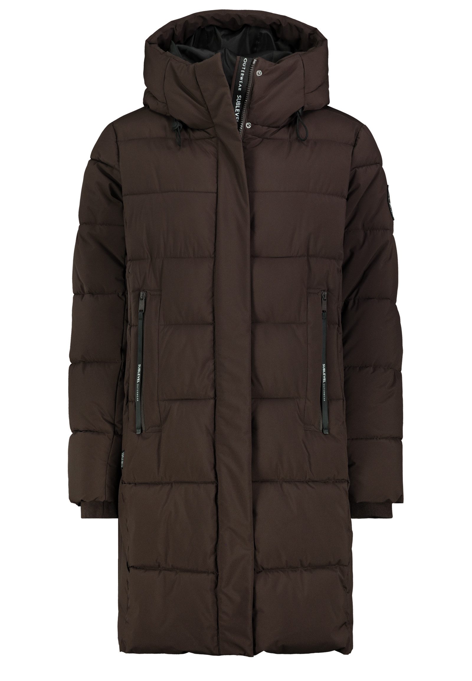 SUBLEVEL Winterjacke Langer Schnitt Quersteppung Logoakzente für Damen (1-St)