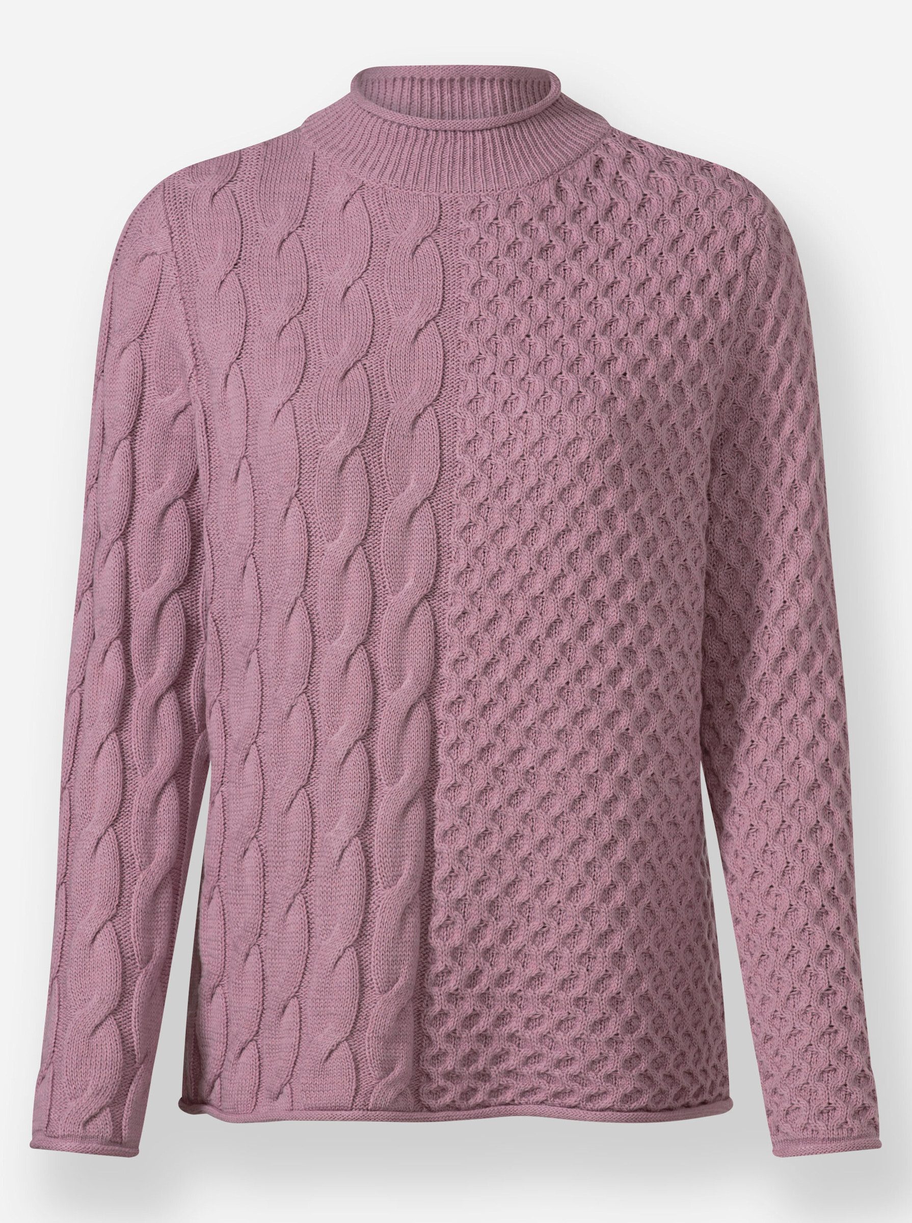 Strickpullover Stehkragen-Pullover Langarm Zopfmuster, Grobstrick