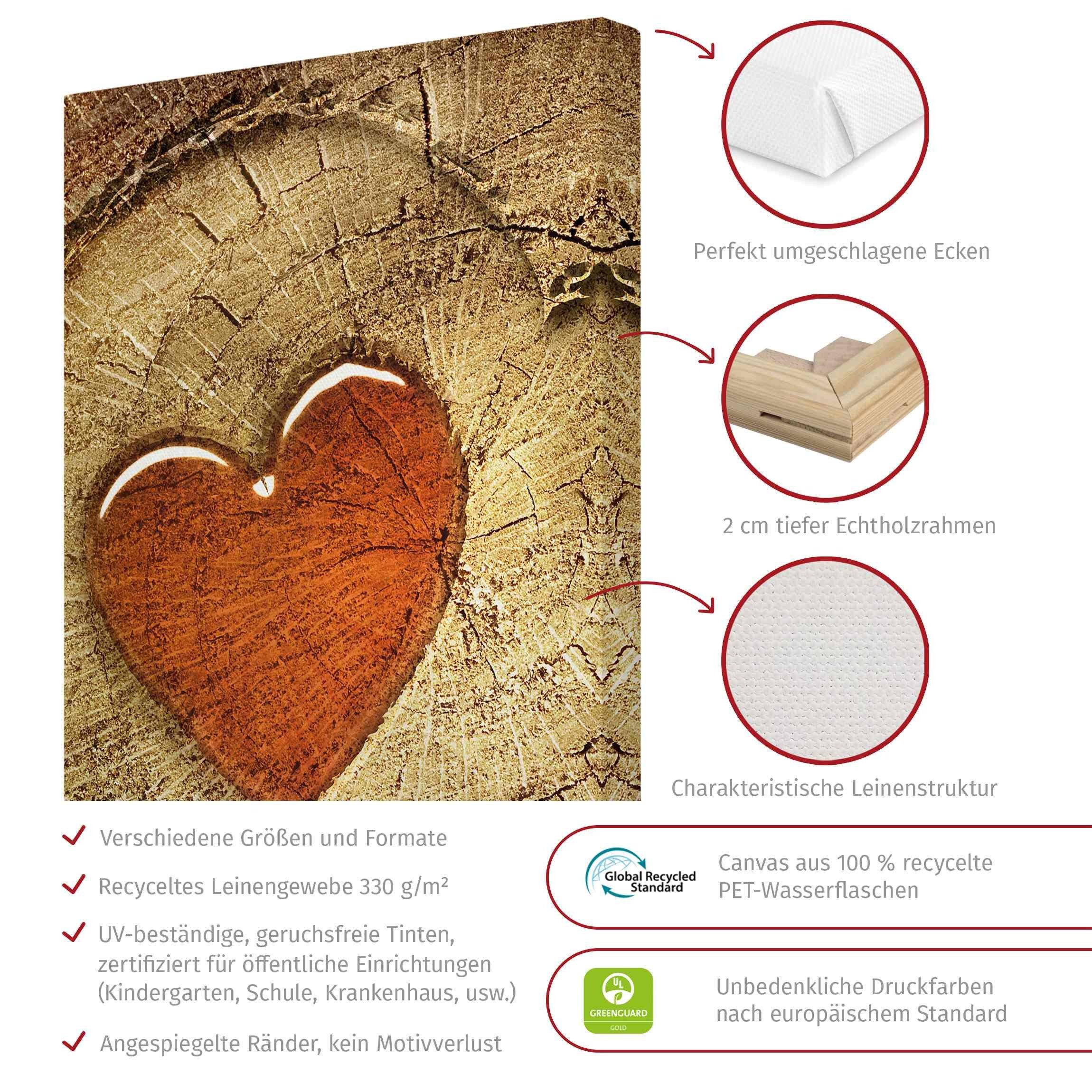 Bilderdepot24 Leinwandbild Holzoptik Herz Liebe Natural Love blau Bild auf Leinwand Groß XXL, Wohnzimmer Schlafzimmer Küche Flur Wandbild Kunstdruck Wanddeko Druck