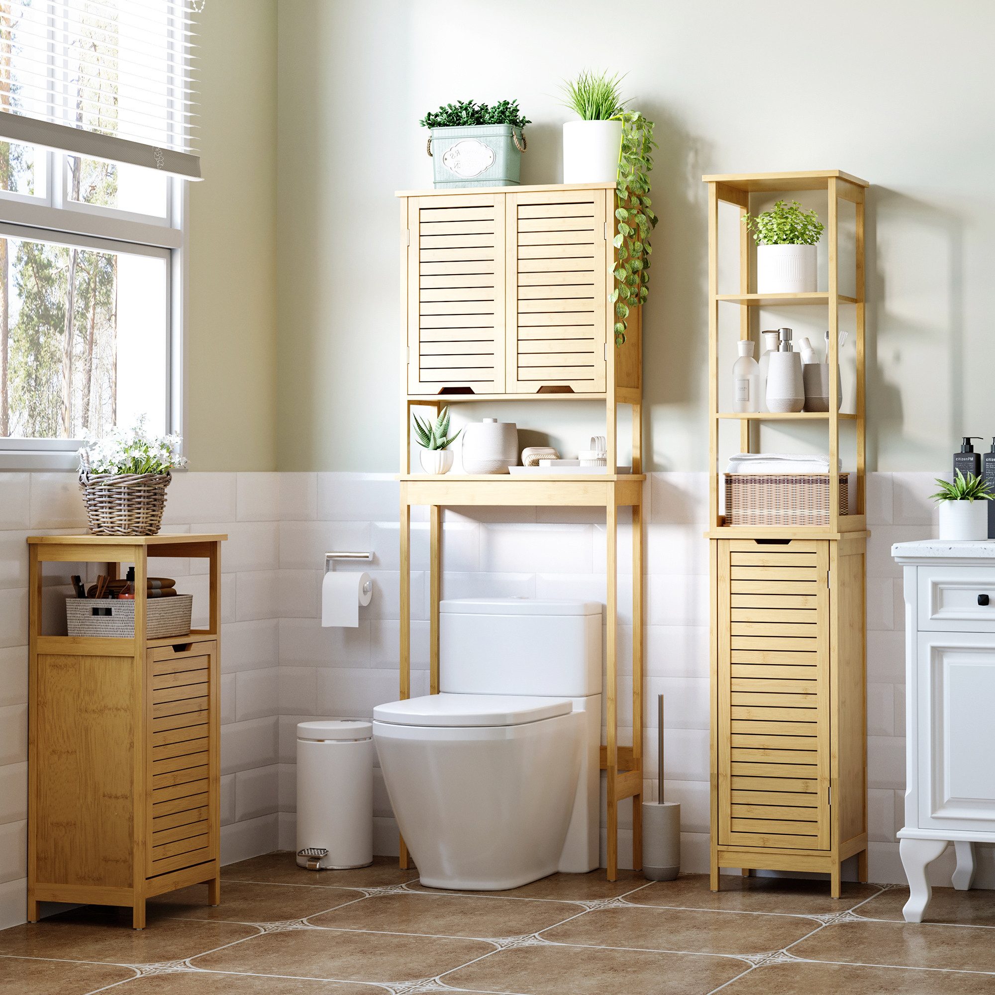 furnicato Badmöbel-Set Kompakter Badezimmerschrank 34L x 30B x 173H cm Natur, (1-St), Stauraumschrank mit Lamellentür, Regalböden und sicherem Kippschutz