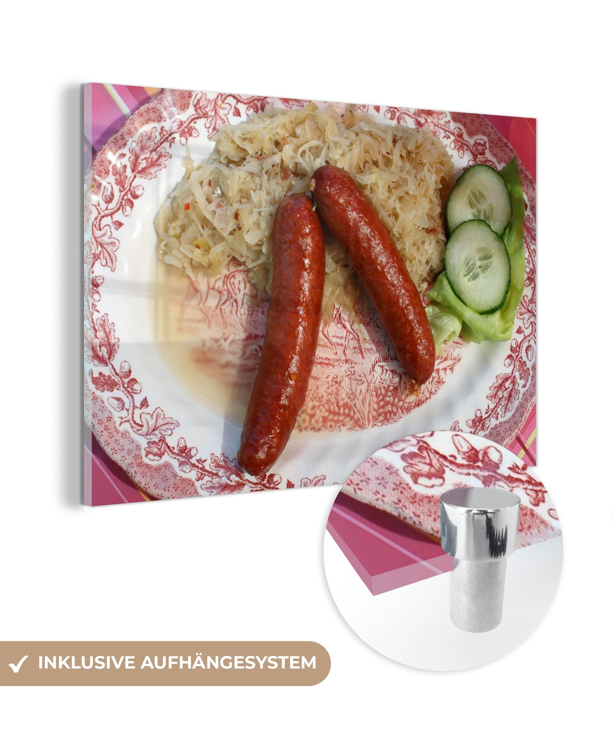 MuchoWow Acrylglasbild Sauerkraut und St), Wohnzimmer Gurke, geräucherter Wurst Schlafzimmer Acrylglasbilder & (1 mit