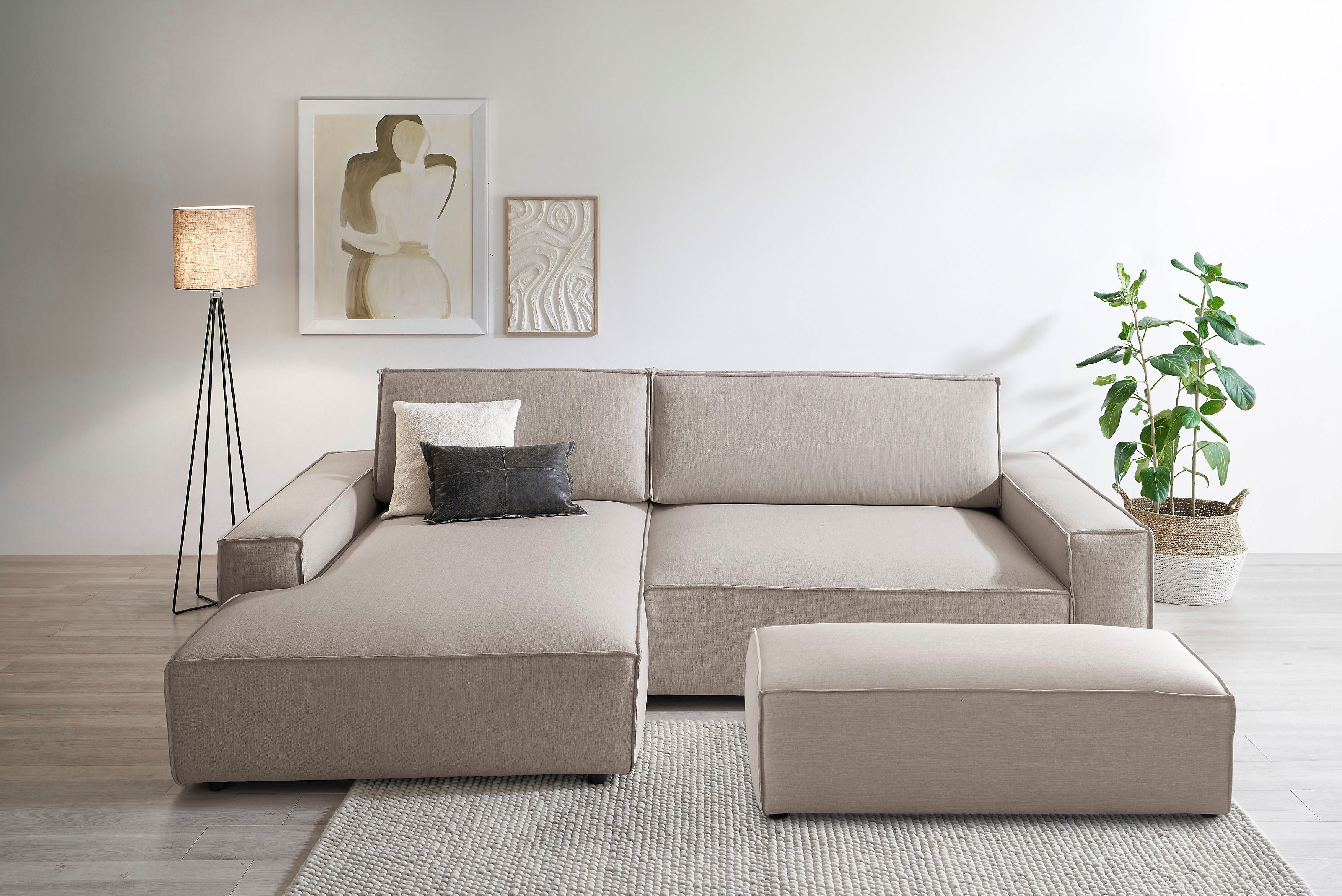 Home affaire Polsterecke SHERWOOD XXL tief, L-Form, Schlaffunktion, Bigsofa, Cord, Leinenoptik, Set 2 Teile, Hocker stellbar zum Schlafsofa (Krokodilverbinder), tiefe Sitzfläche